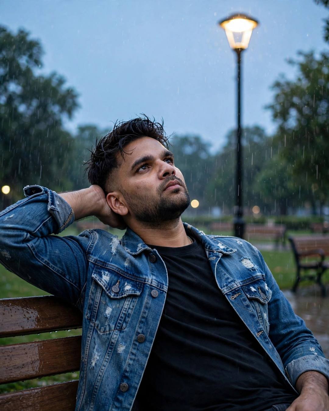 Lying on a cold bench under a — Railway Station photograph, distressed denim jacket over black tee, slightly messy morning hair