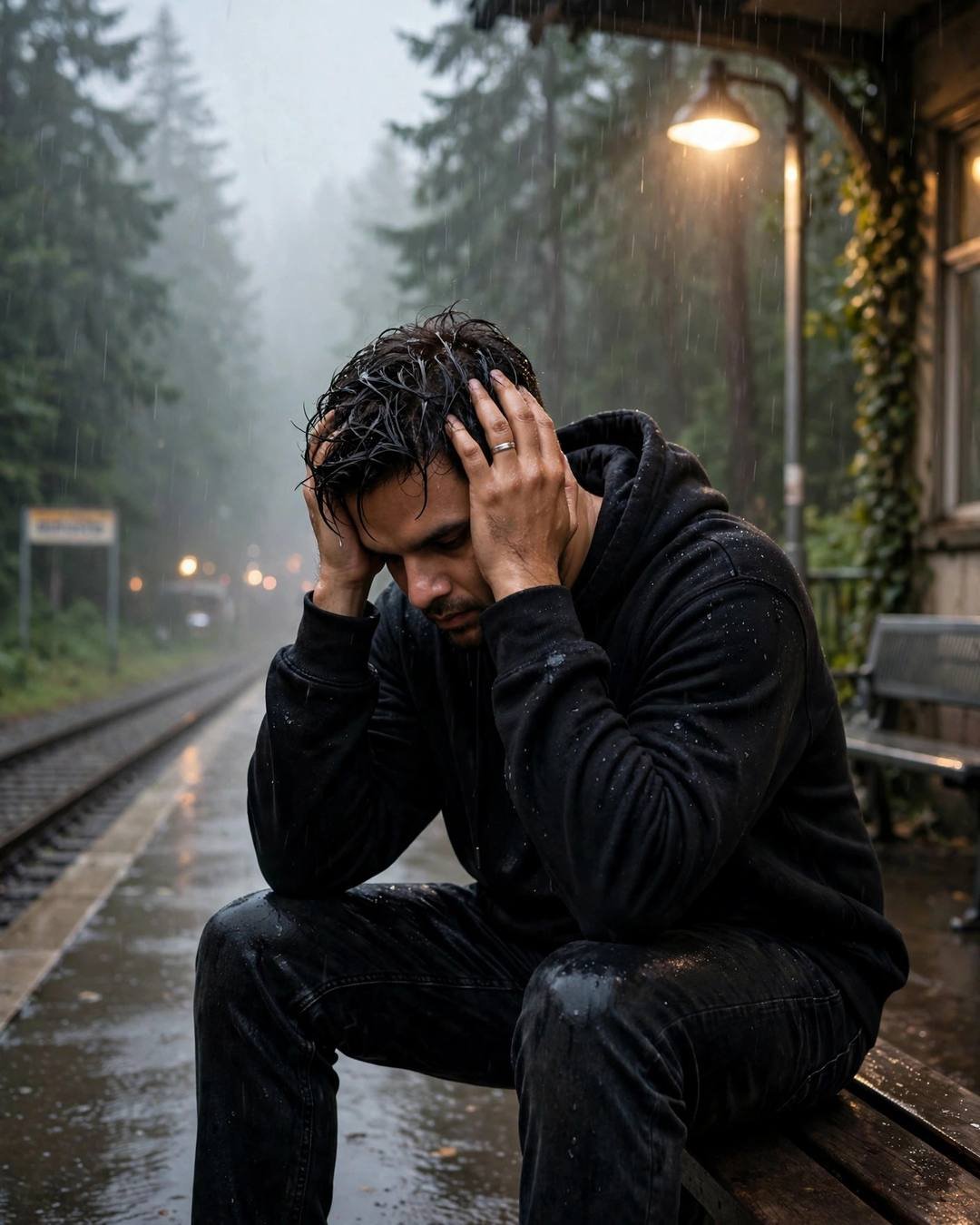 Standing between two parked buses while the — Street Cinematic photograph, black oversized hoodie and dark jeans, damp rain-wet hair