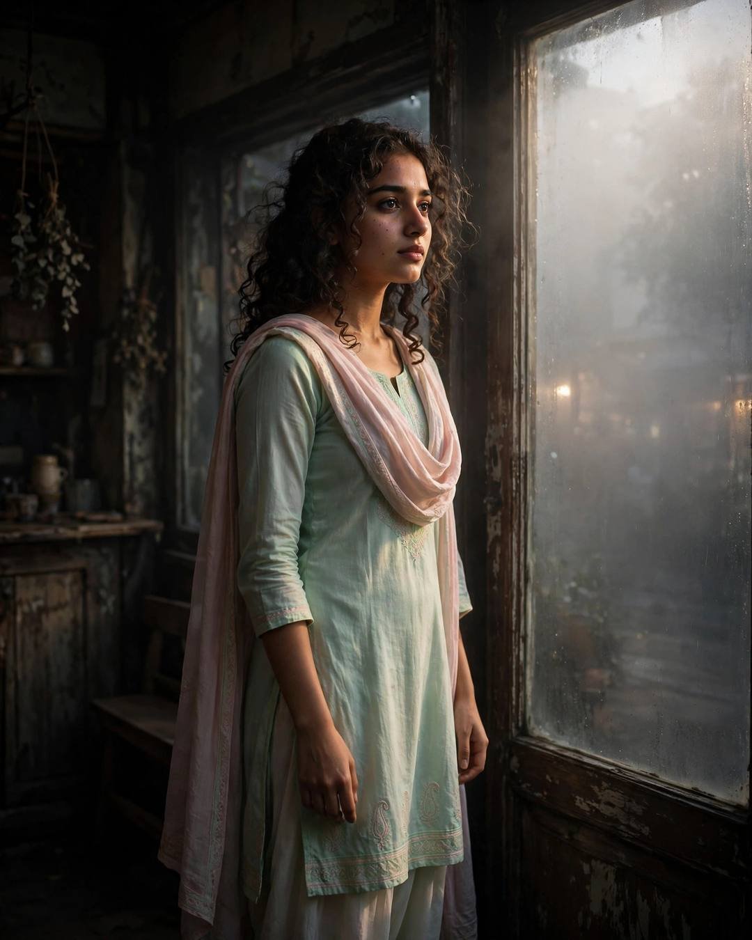 Young Indian woman in pastel salwar-kameez with soft curls standing in a doorway beside a fogged cafe window