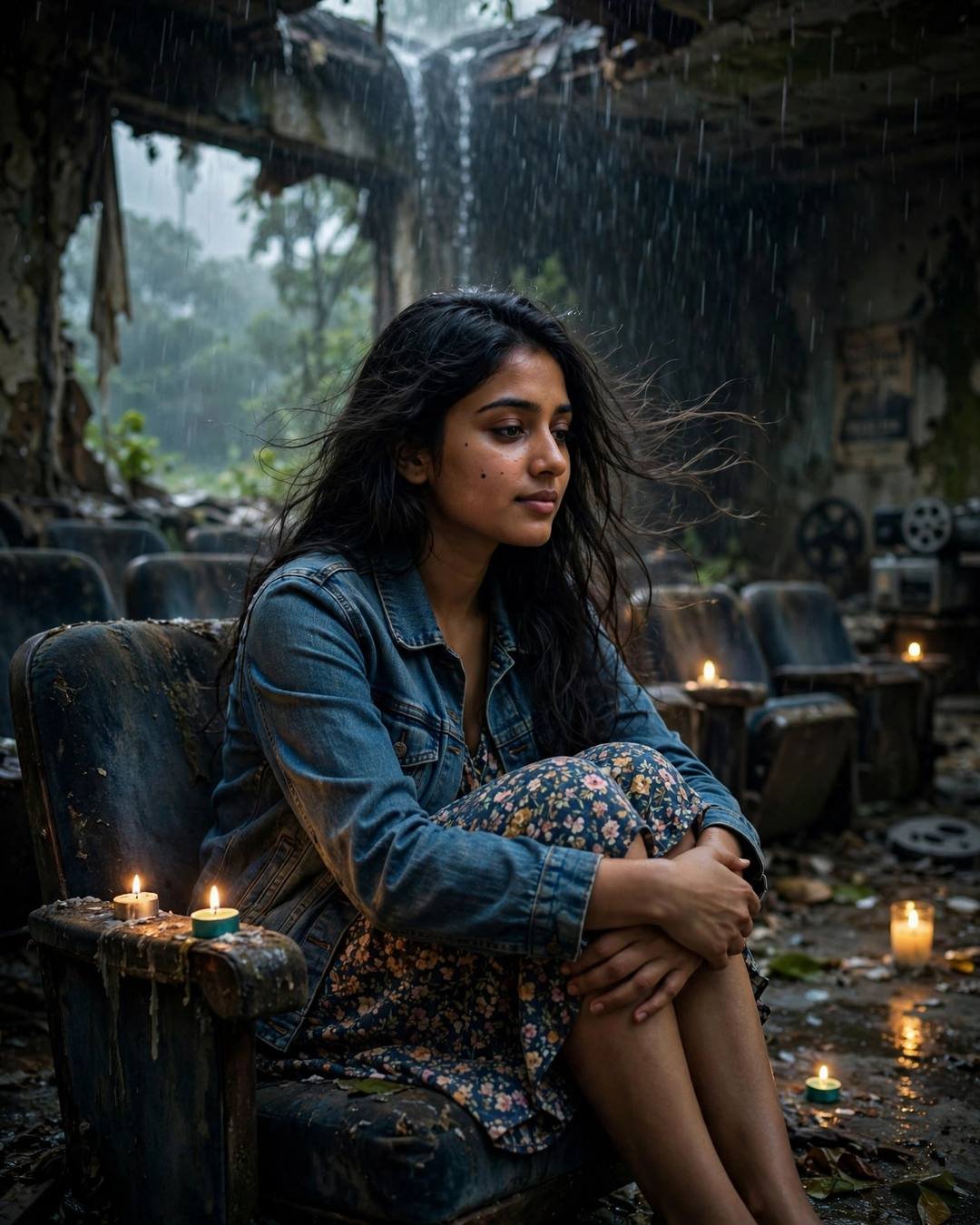 Young Indian woman in denim jacket over floral dress sitting with knees drawn up in an abandoned cinema hall with candles