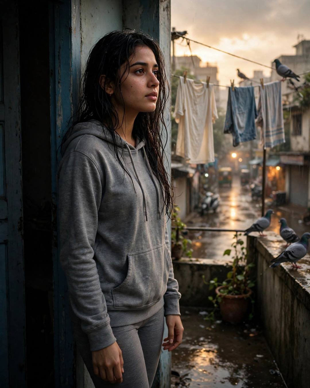 Young Indian woman in grey hoodie and leggings with wet hair standing in a terrace doorway with clothes lines and pigeons