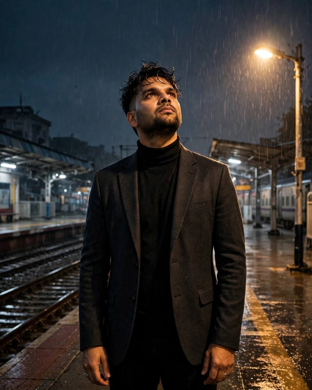 Young man in a charcoal blazer and black turtleneck standing in rain on an empty railway platform at night, face lifted toward a glowing streetlamp