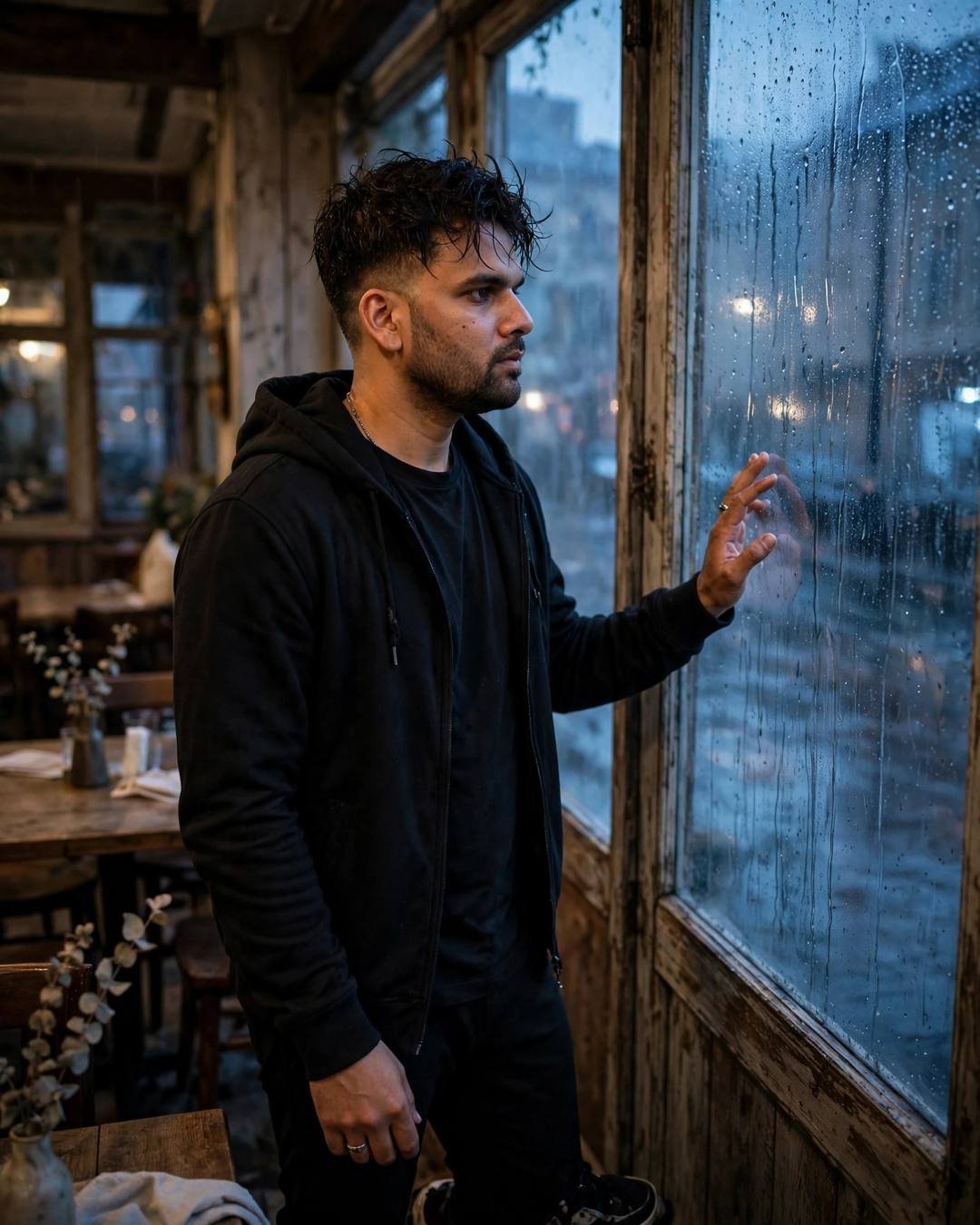 Young man in all-black streetwear standing at a rain-streaked window in an old cafe, one hand resting on the glass at blue hour