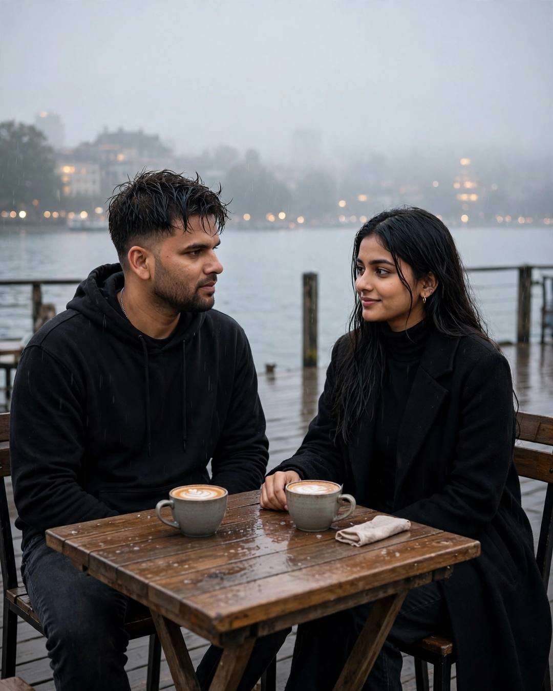 Couple sitting across a small wooden table with two coffees on a quiet misty lake pier at dawn