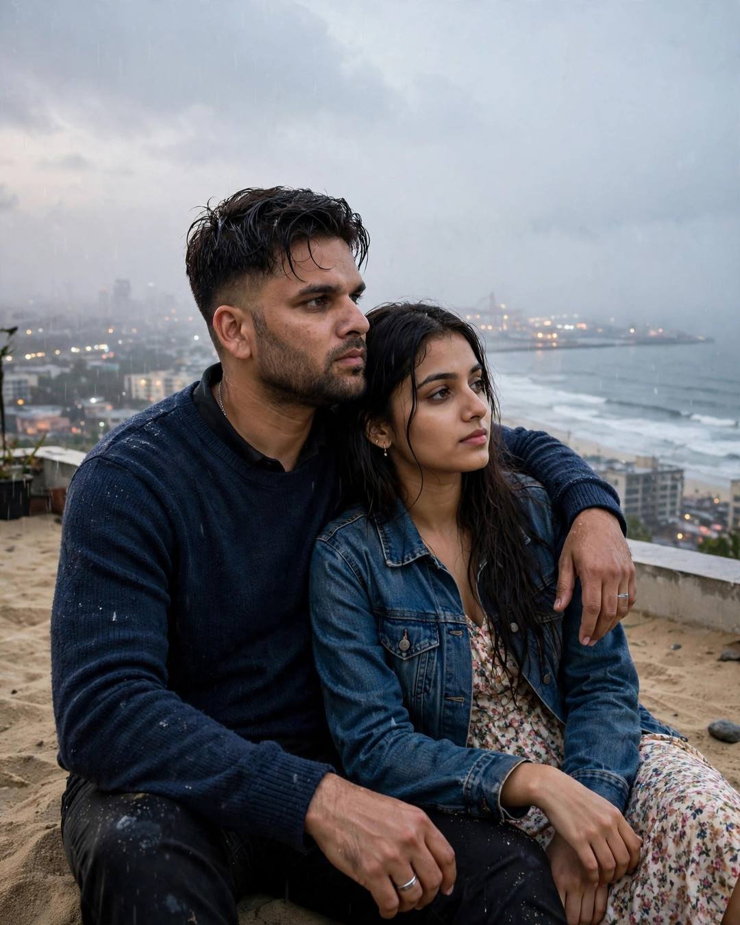 Couple sitting on the sand watching the waves, his arm around her, city lights shimmering through light rain