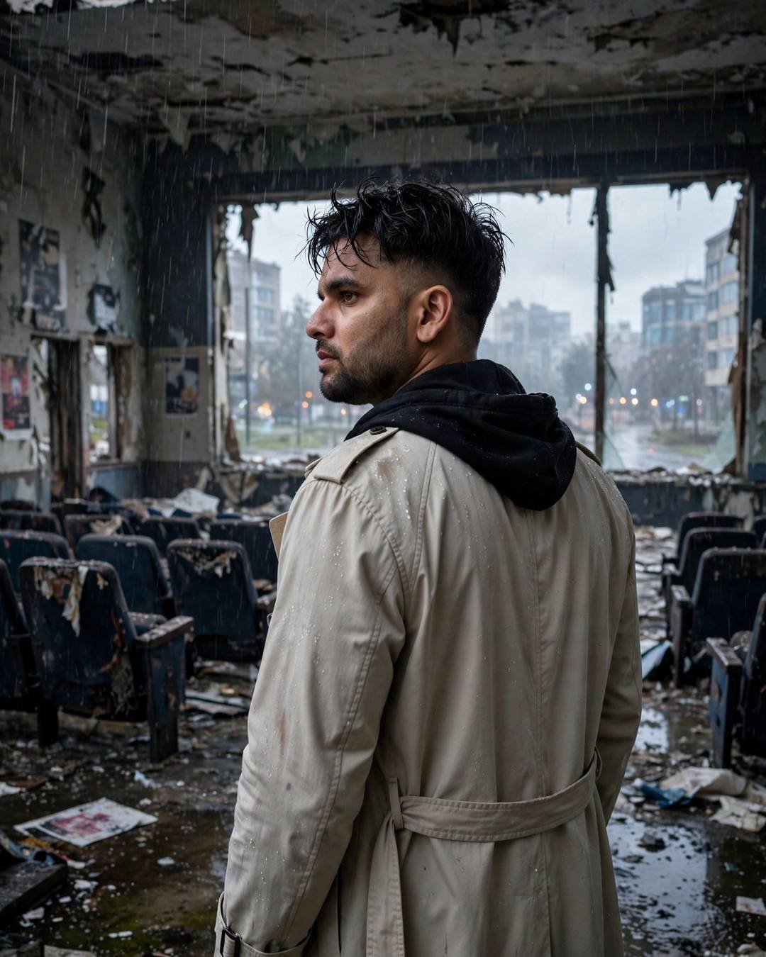 Young Indian man in a beige trench coat over dark layers standing in an abandoned cinema hall, looking over his shoulder