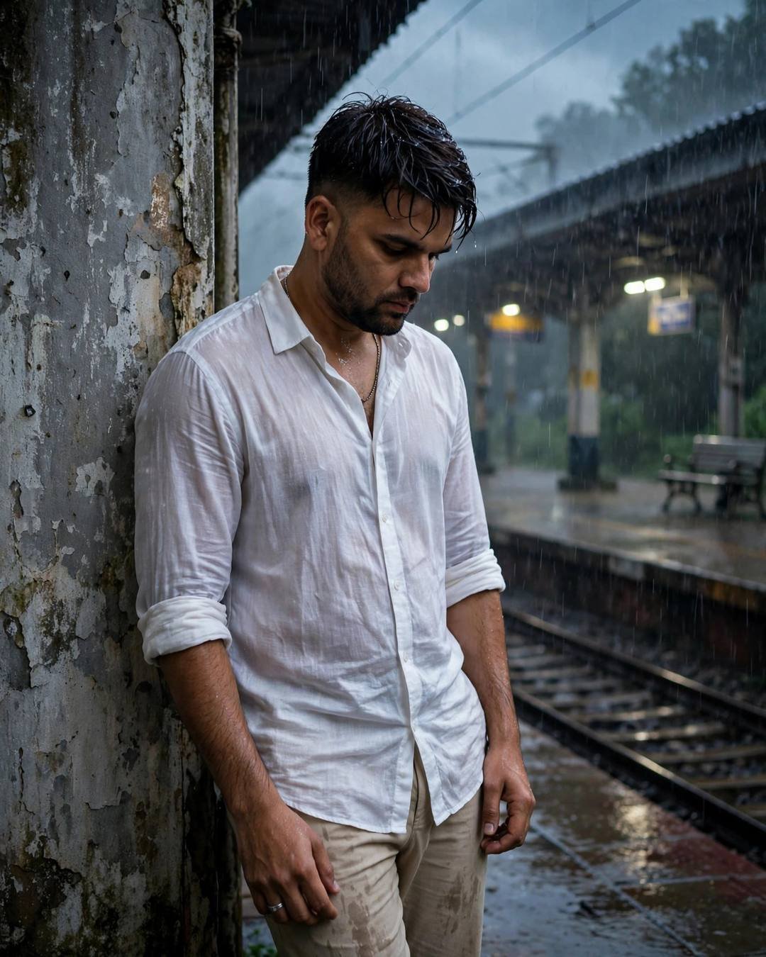 Young man in a white linen shirt and beige trousers leaning against a weathered wall on a rainy railway platform, head bowed