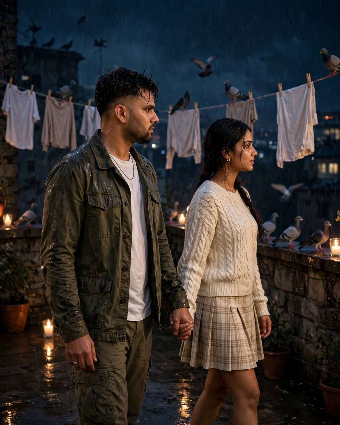 A young couple walking hand in hand across a rain-wet rooftop terrace at midnight, the man in an olive field jacket and the woman in a cream knit top and plaid skirt, with pigeons and candlelight around them