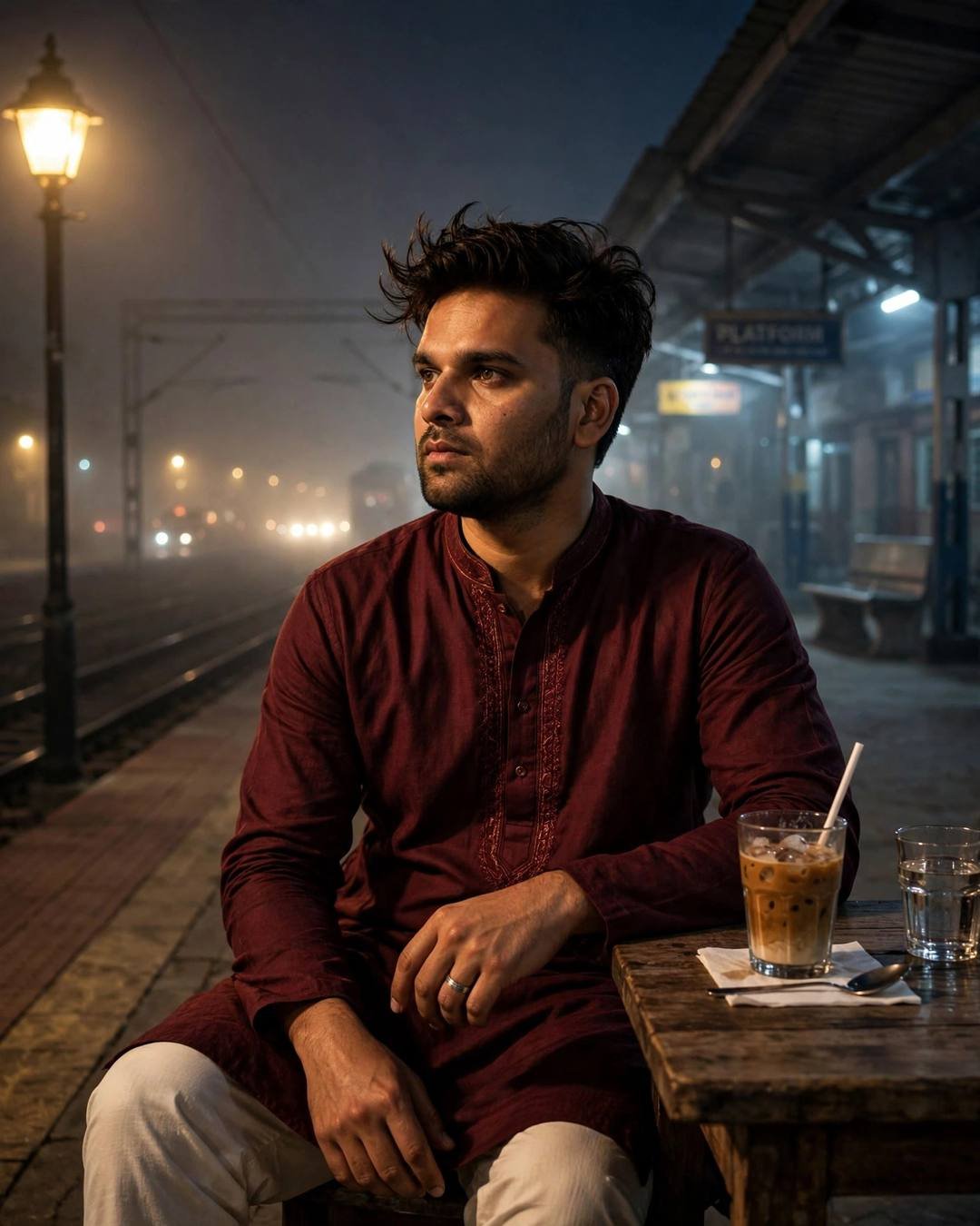 Young man in a maroon kurta sitting at a table with an iced coffee on an empty foggy railway platform at night