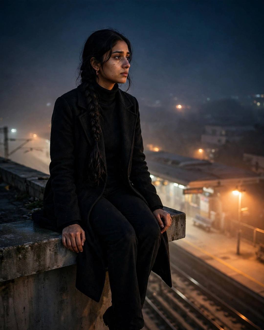 Young Indian woman in a black turtleneck and long coat with a long braid sitting on a rooftop ledge above a metro station at night