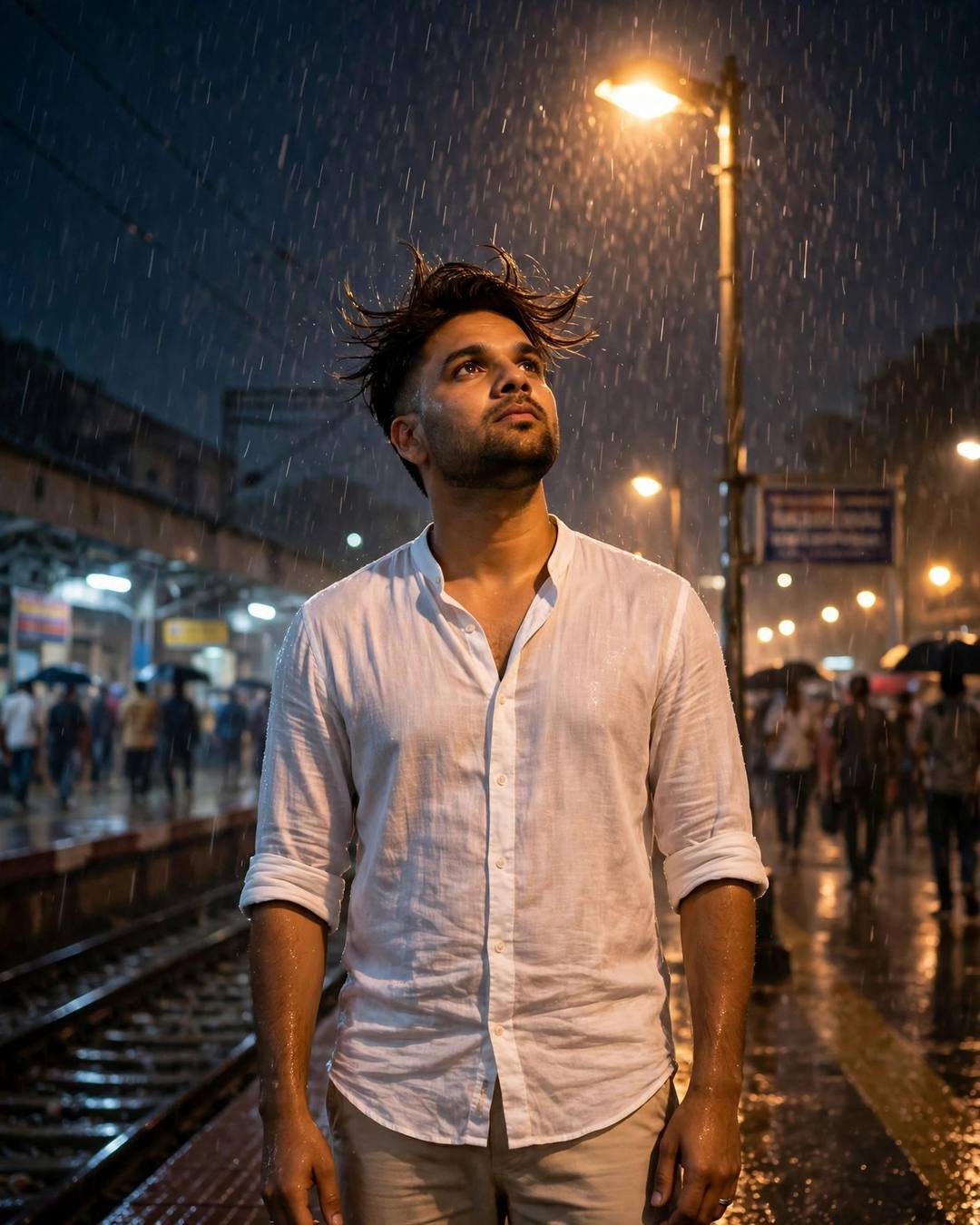 Young Indian man in a white linen shirt standing under a streetlamp on a railway platform at night in rain