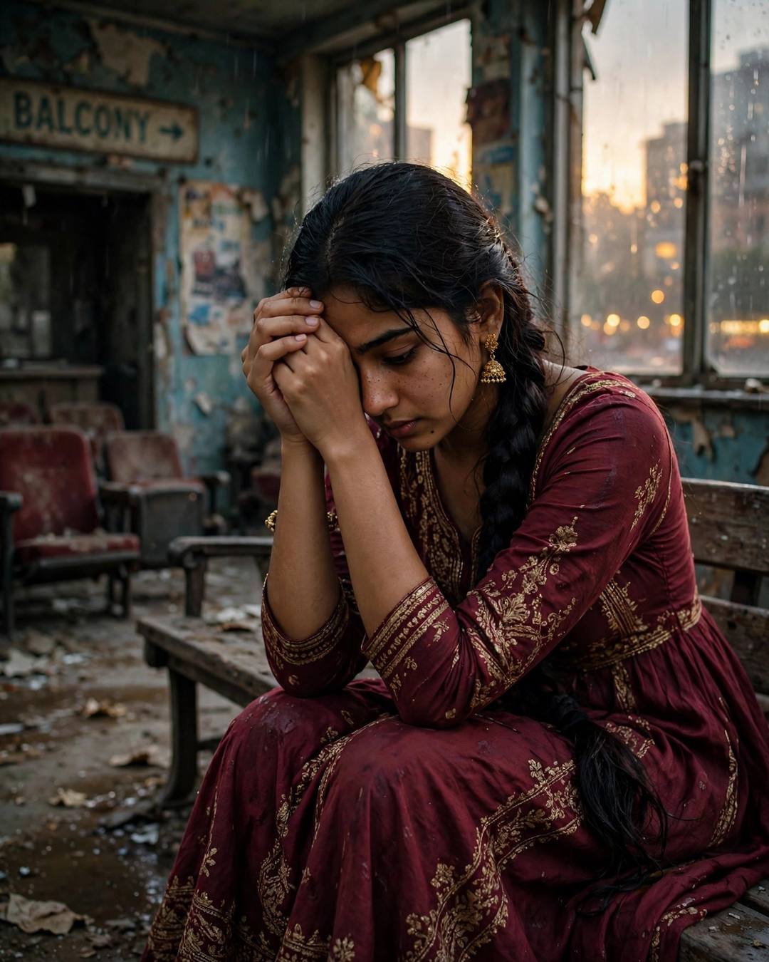 Young Indian woman in a maroon anarkali with jhumkas sitting on a bench inside an abandoned cinema hall