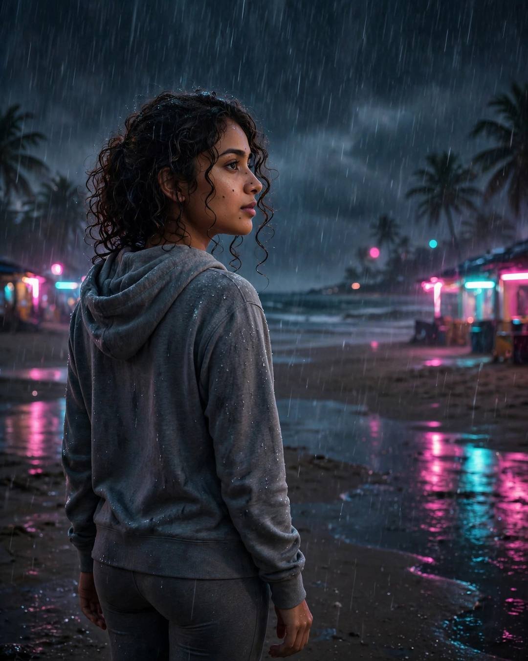 Young Indian woman in a grey hoodie and leggings standing on a beach at dusk in rain, neon signs glowing behind