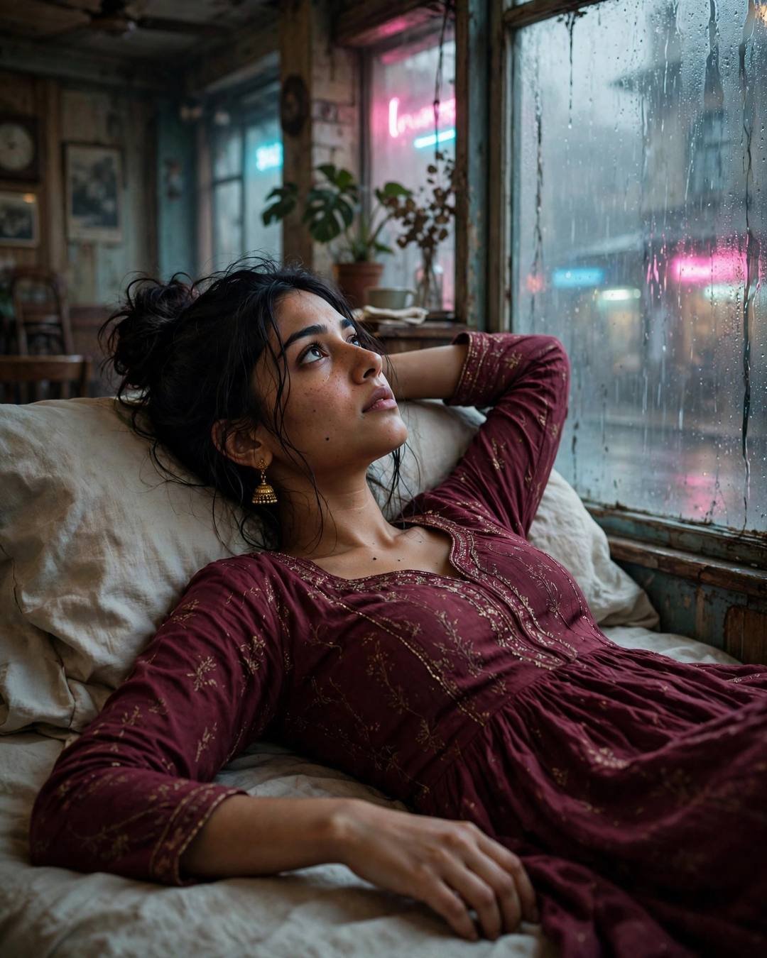 Young Indian woman in a maroon anarkali with jhumkas lying on a bed beside a fogged cafe window in rain