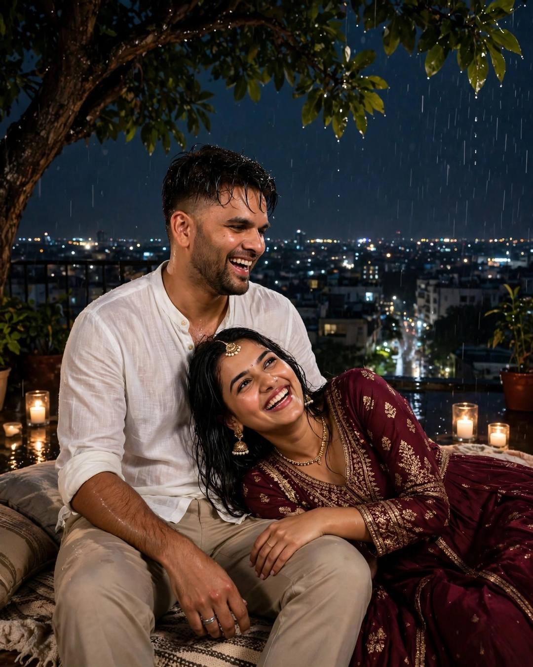 Young Indian couple laughing under a tree on a rooftop at night, man in white linen shirt, woman in maroon anarkali