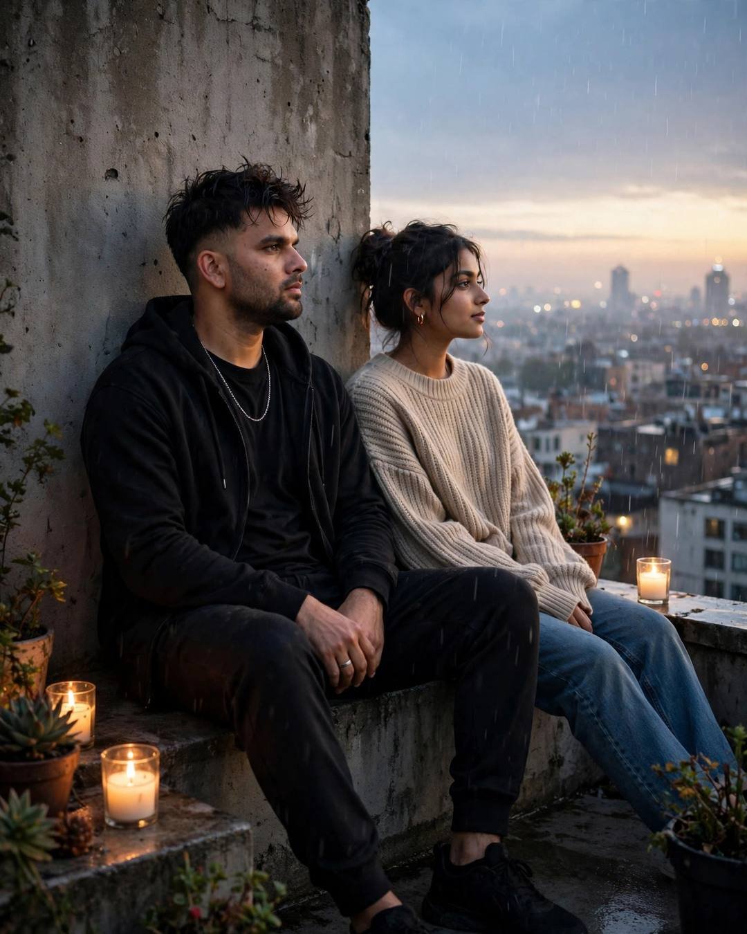 Young Indian couple sitting on a rooftop at dawn in silence, man in black streetwear, woman in beige sweater and jeans