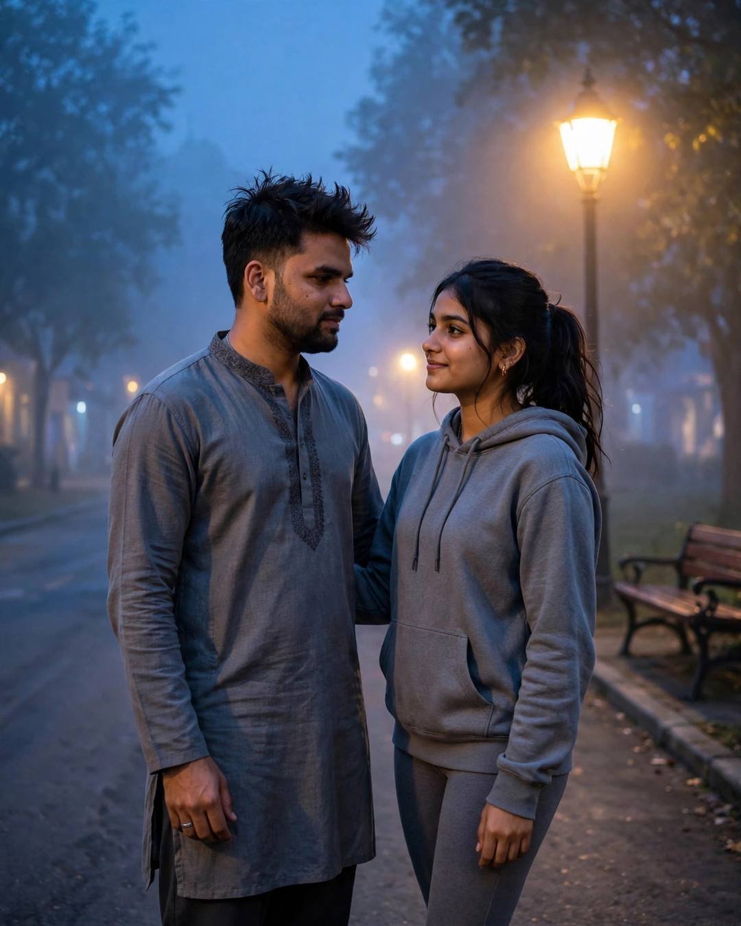 Young Indian couple standing face to face on a foggy street at night, man in grey kurta, woman in grey hoodie