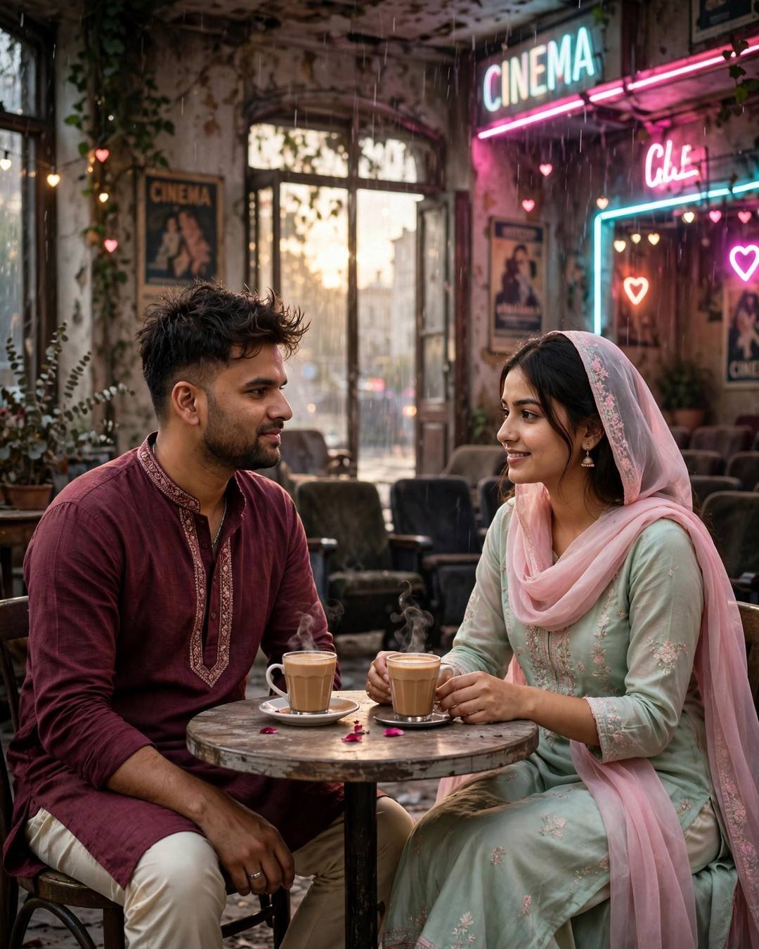 Couple sitting across a small table with two steaming cups in an abandoned cinema hall under a glowing CINEMA neon sign