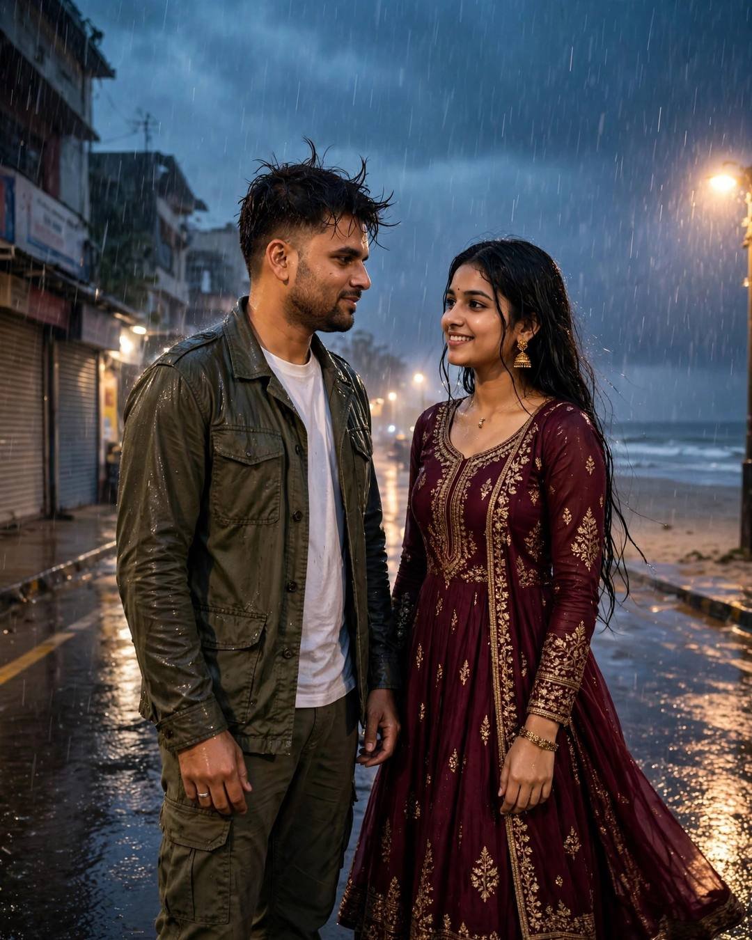 Young couple standing face to face in monsoon rain on an empty street beside a beach at dusk, man in olive field jacket and woman in maroon anarkali