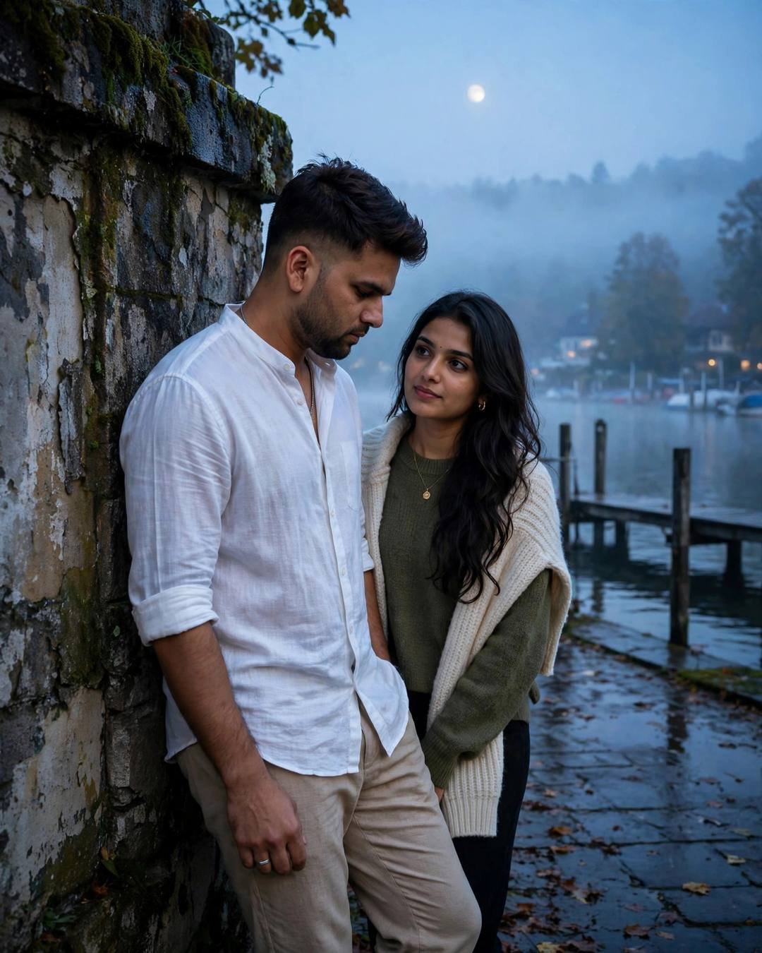 Walking the long way home just to — One-Sided Love AI photograph, white linen shirt with rolled sleeves, beige trousers, slightly messy morning hair