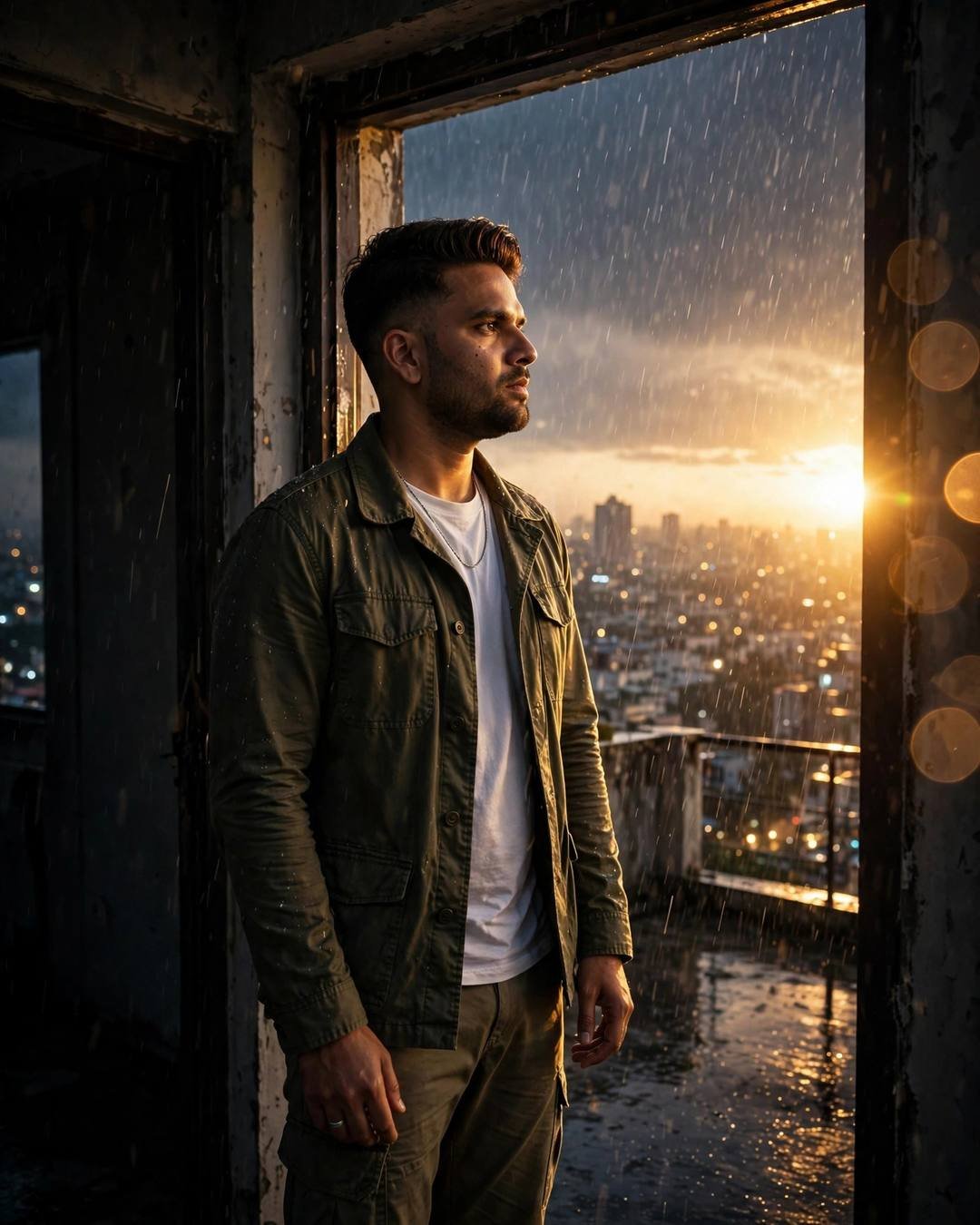 Rehearsing his proposal speech to an empty — One-Sided Love AI photograph, olive field jacket, white tee, cargo pants, neatly combed side part