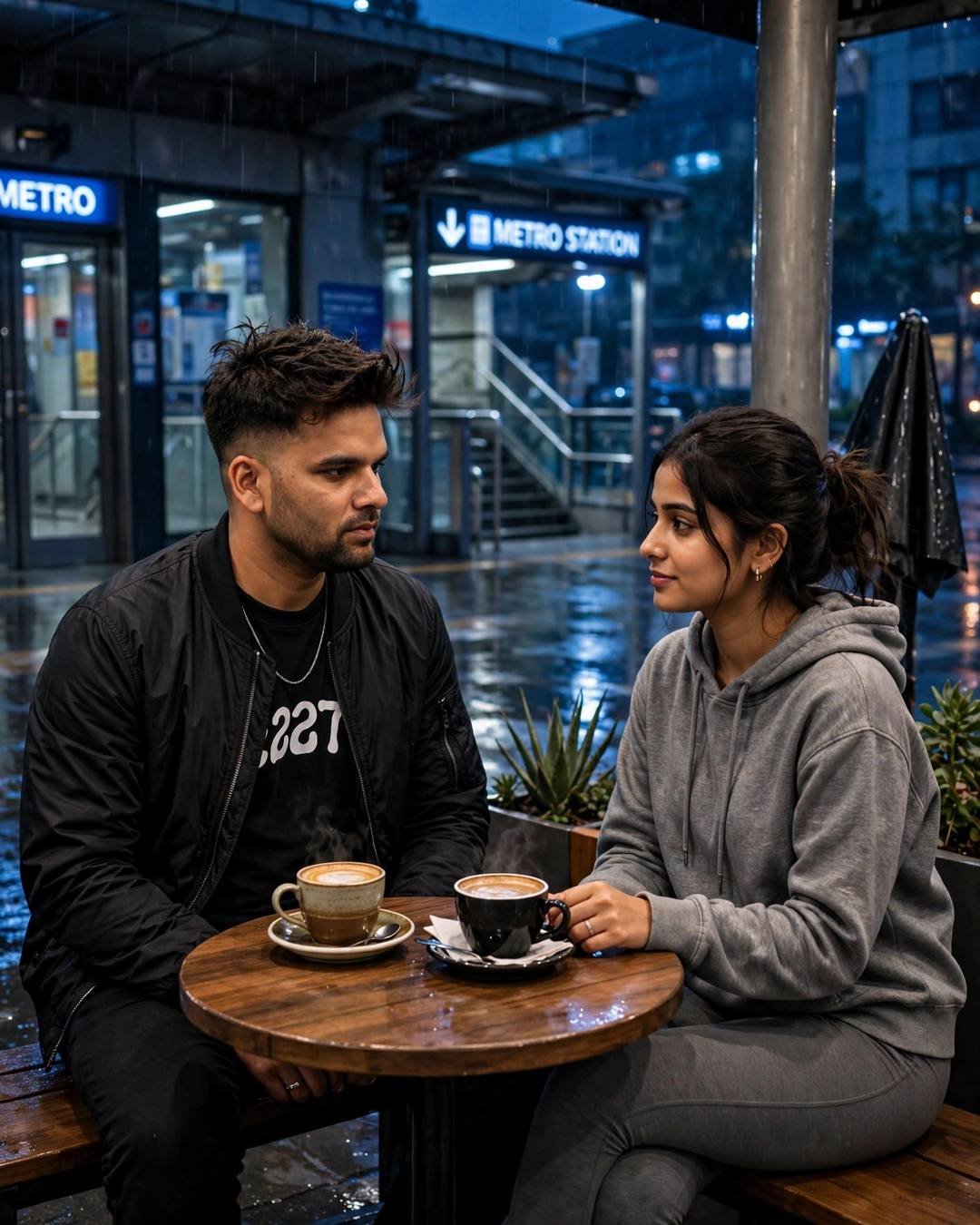 Couple sitting across a small cafe table outside a midnight metro station, man in black streetwear and woman in grey hoodie, coffees steaming