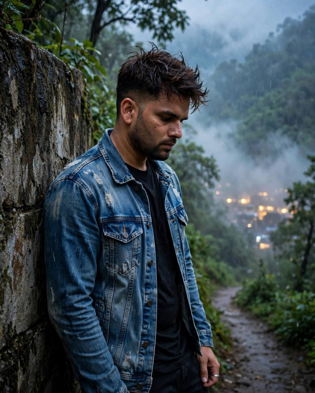 Young man in a distressed denim jacket leaning against a weathered wall on a misty forest path in light rain, city lights glowing below