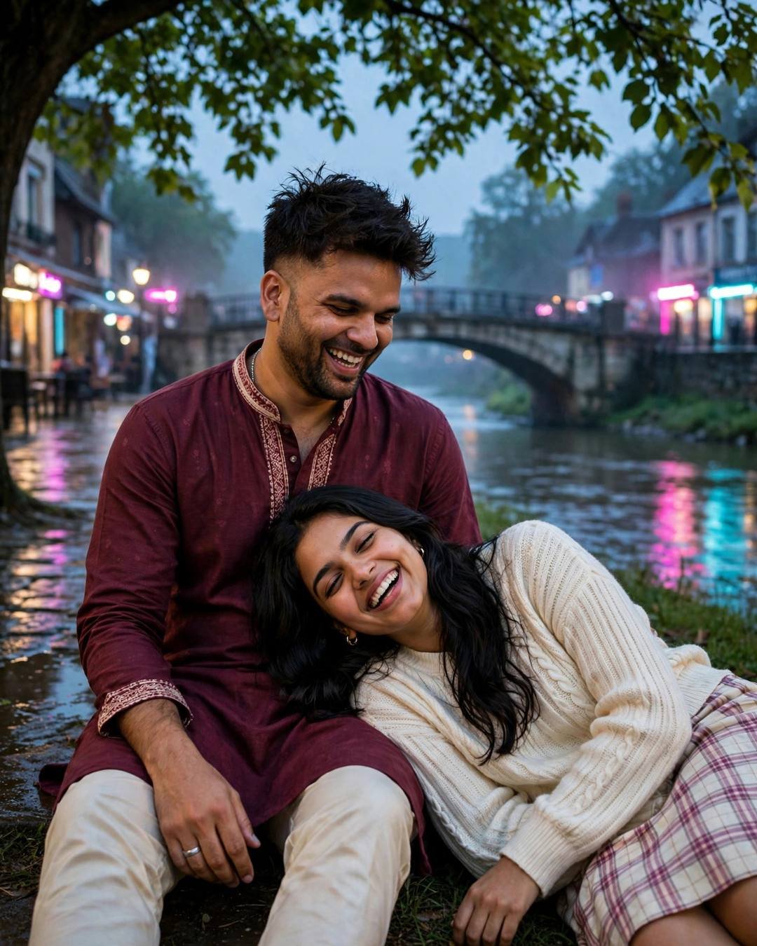 Couple laughing under a tree by a river bridge, woman in cream knit top resting head in man's lap, man in maroon kurta