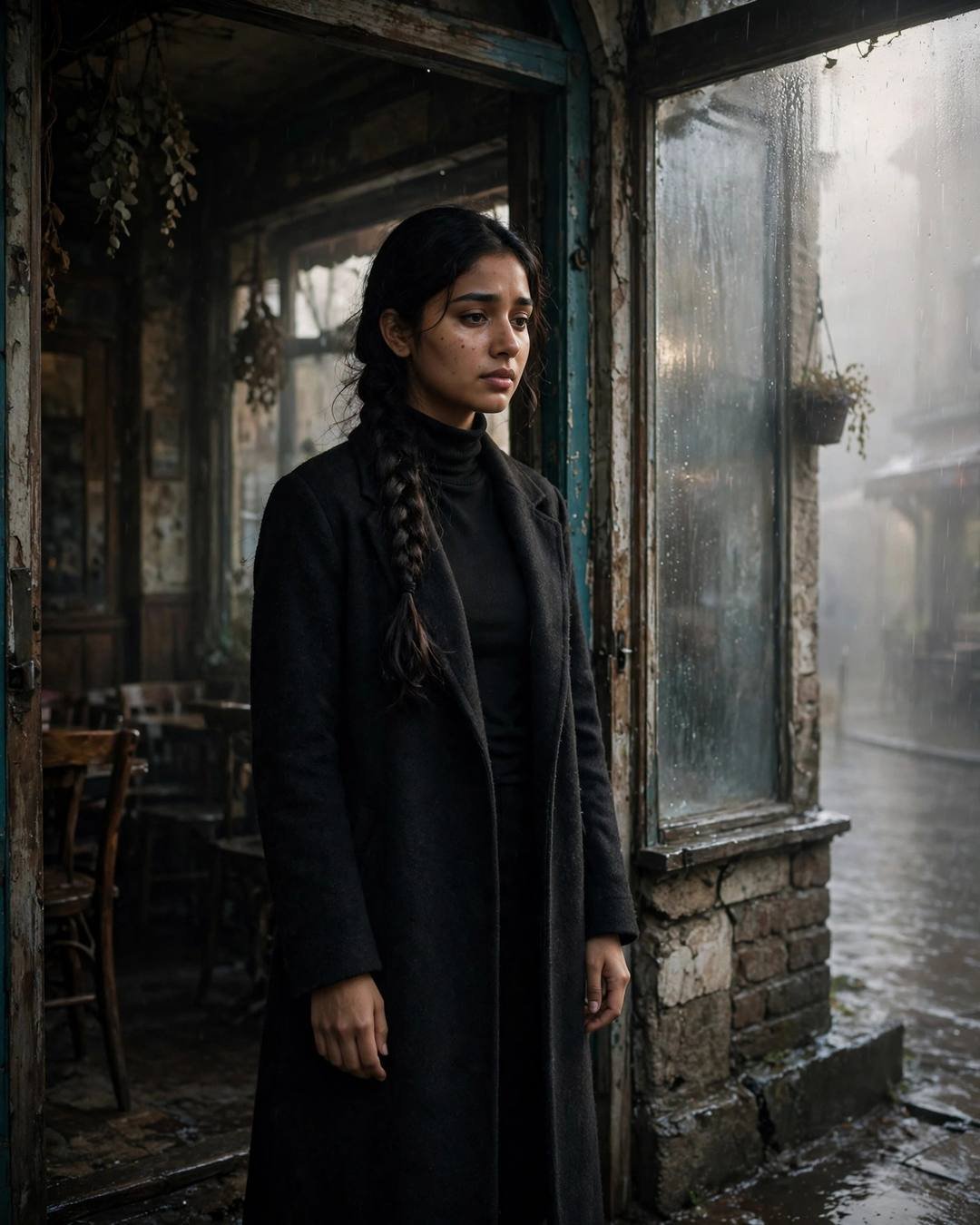 Standing in an empty kitchen, staring at — Sad Girl AI photograph, black turtleneck with long coat, long braid over one shoulder