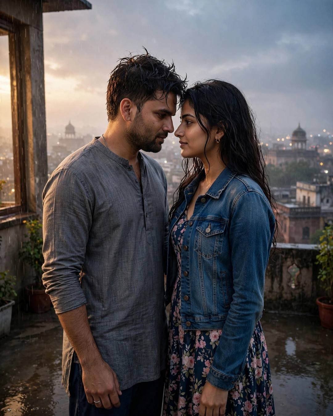 Couple standing face to face with foreheads almost touching on a rooftop overlooking sleeping city lights at dawn