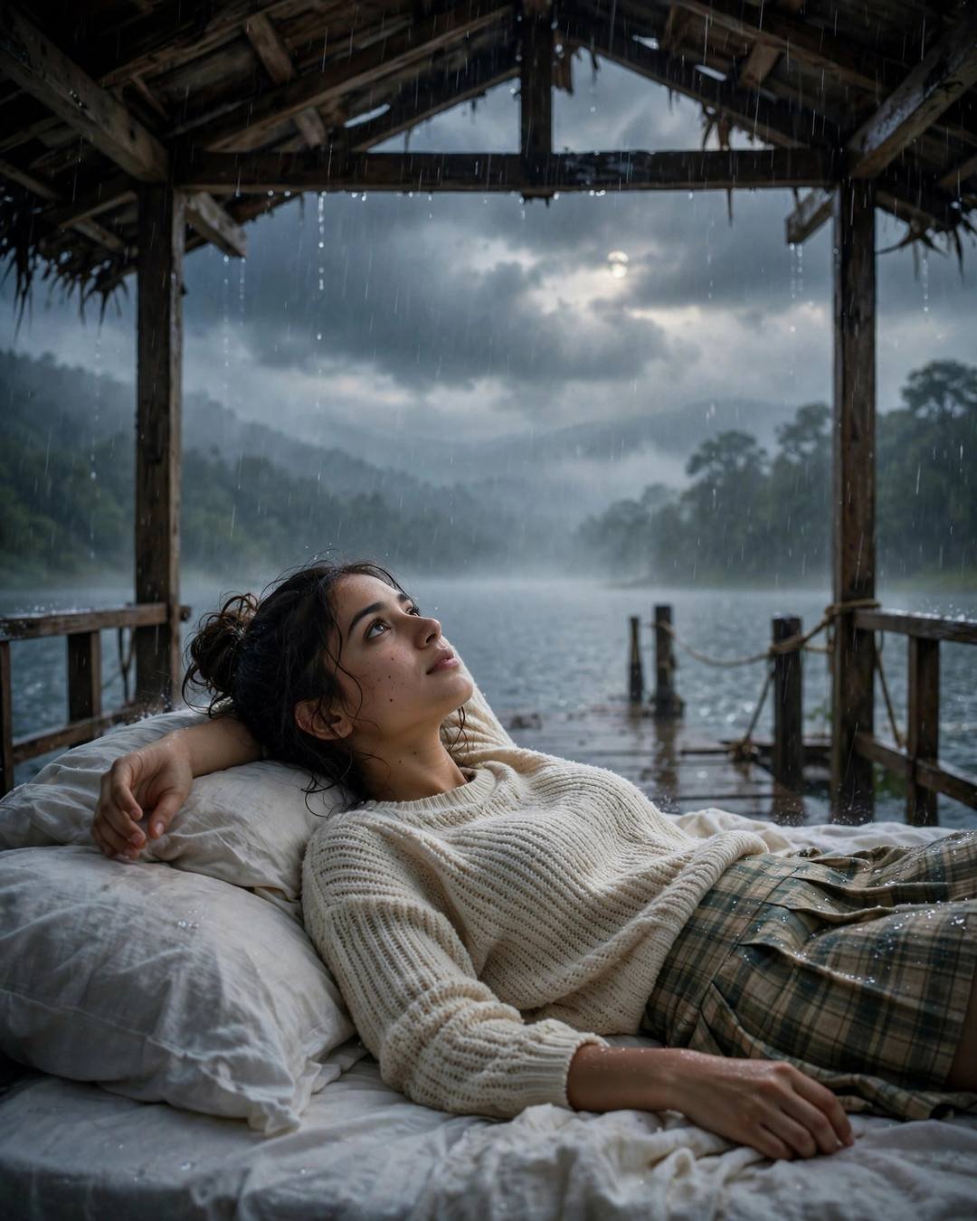 Young Indian woman in a cream knit top and plaid skirt lying on a bed at a lake pier in rain at dawn