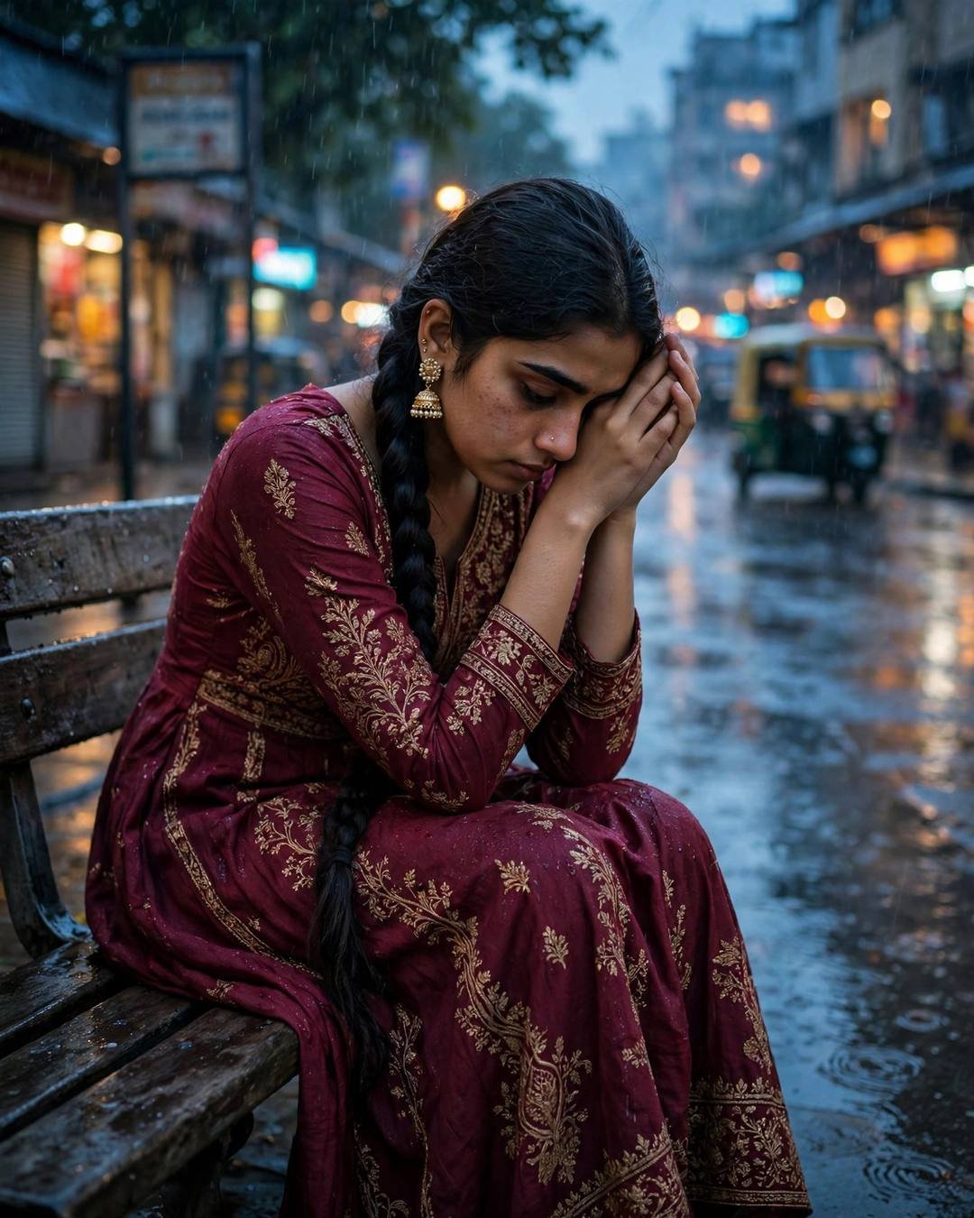 Young Indian woman in a maroon anarkali with jhumkas sitting on a bench on a rainy city street at blue hour