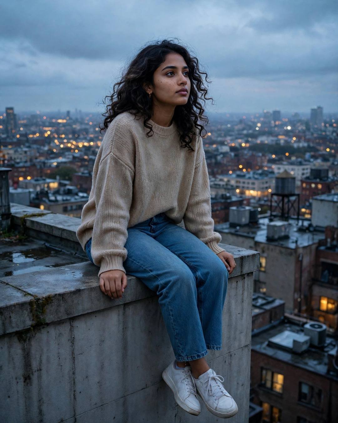 Young Indian woman in a beige sweater and jeans with soft curls sitting on a rooftop ledge above city lights at dusk