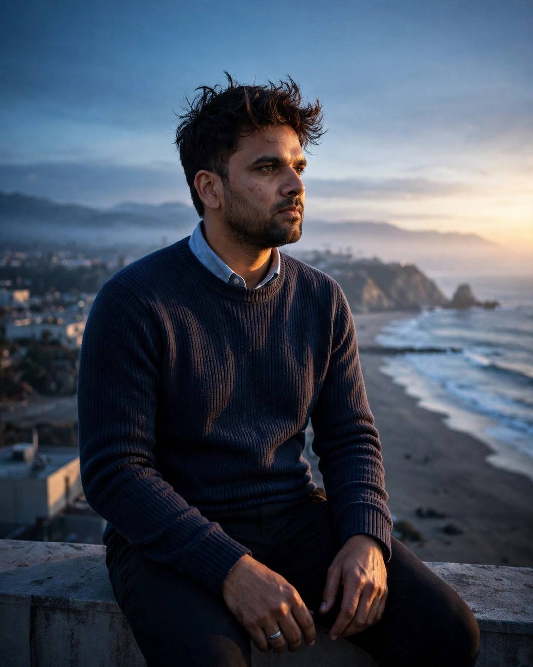 In a navy sweater on a rooftop ledge above a deserted beach, he sits unnoticed, electric in the freedom of it.