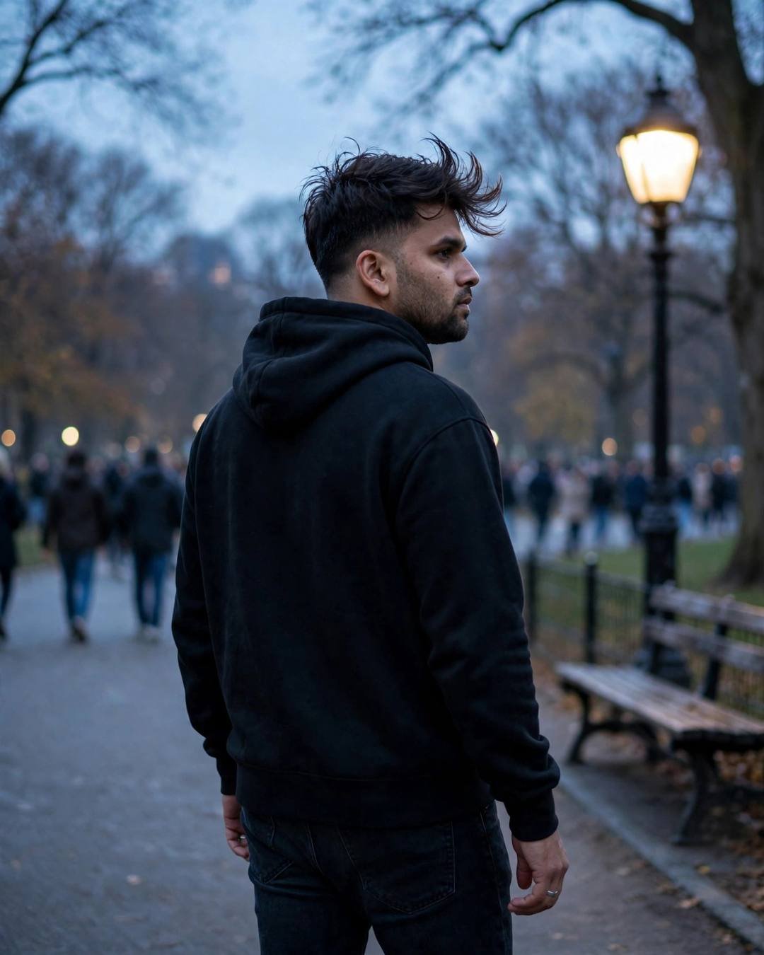 In a black hoodie walking away down a lamplit park path, he carries the tender solitude of cutting chai alone in a crowd.