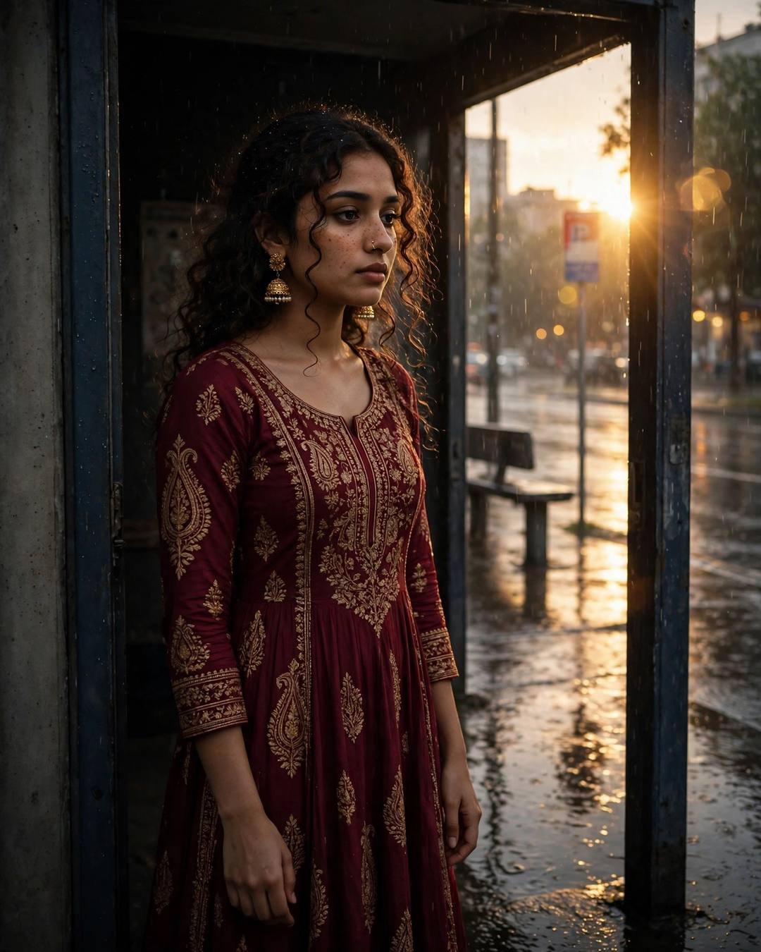 In a maroon anarkali in a rainy bus-stop doorway, she stands in her own quiet world, folding clothes that are all hers.