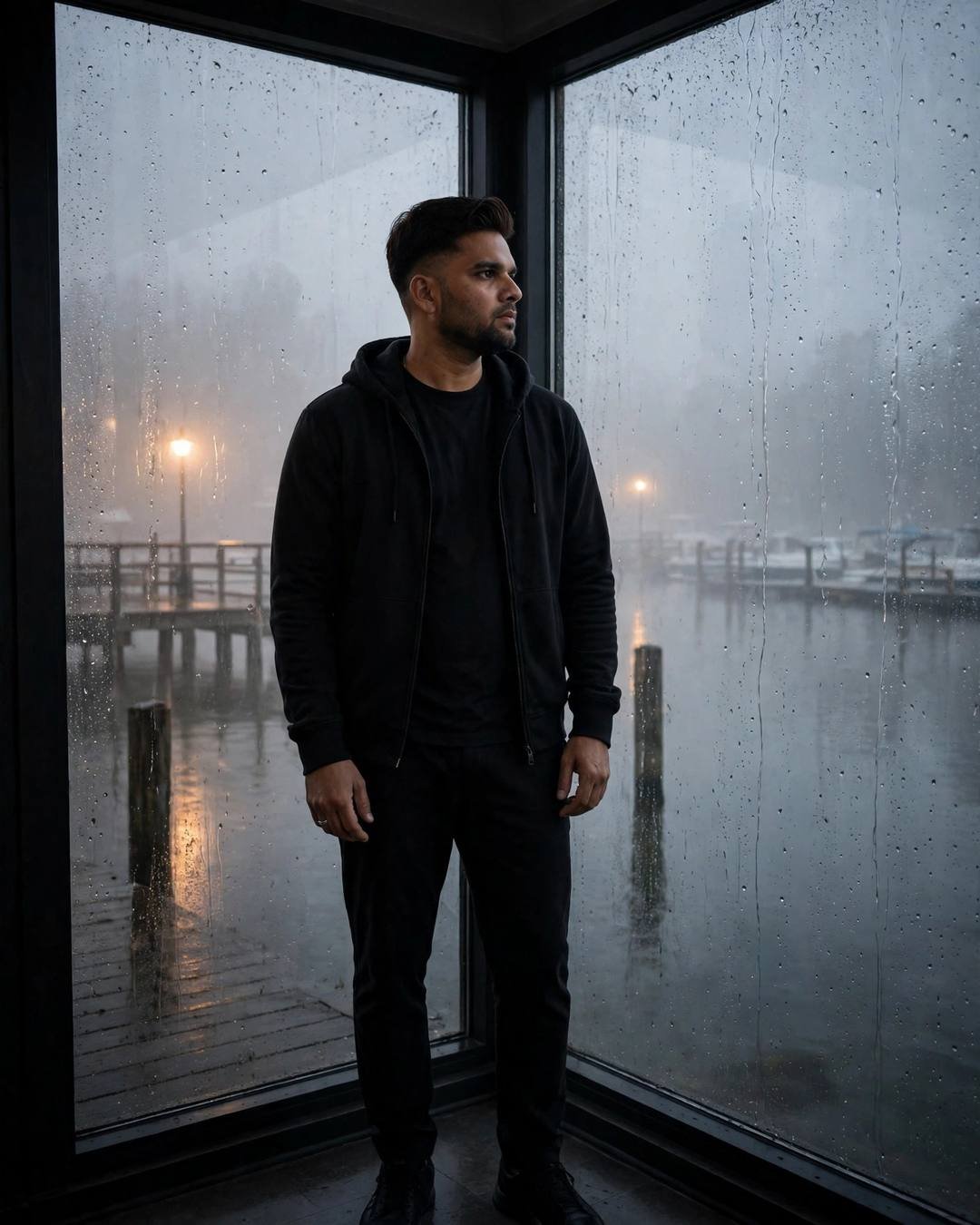 In all-black streetwear at a foggy pier window, he hears their song playing from a stranger's car and does not flinch.