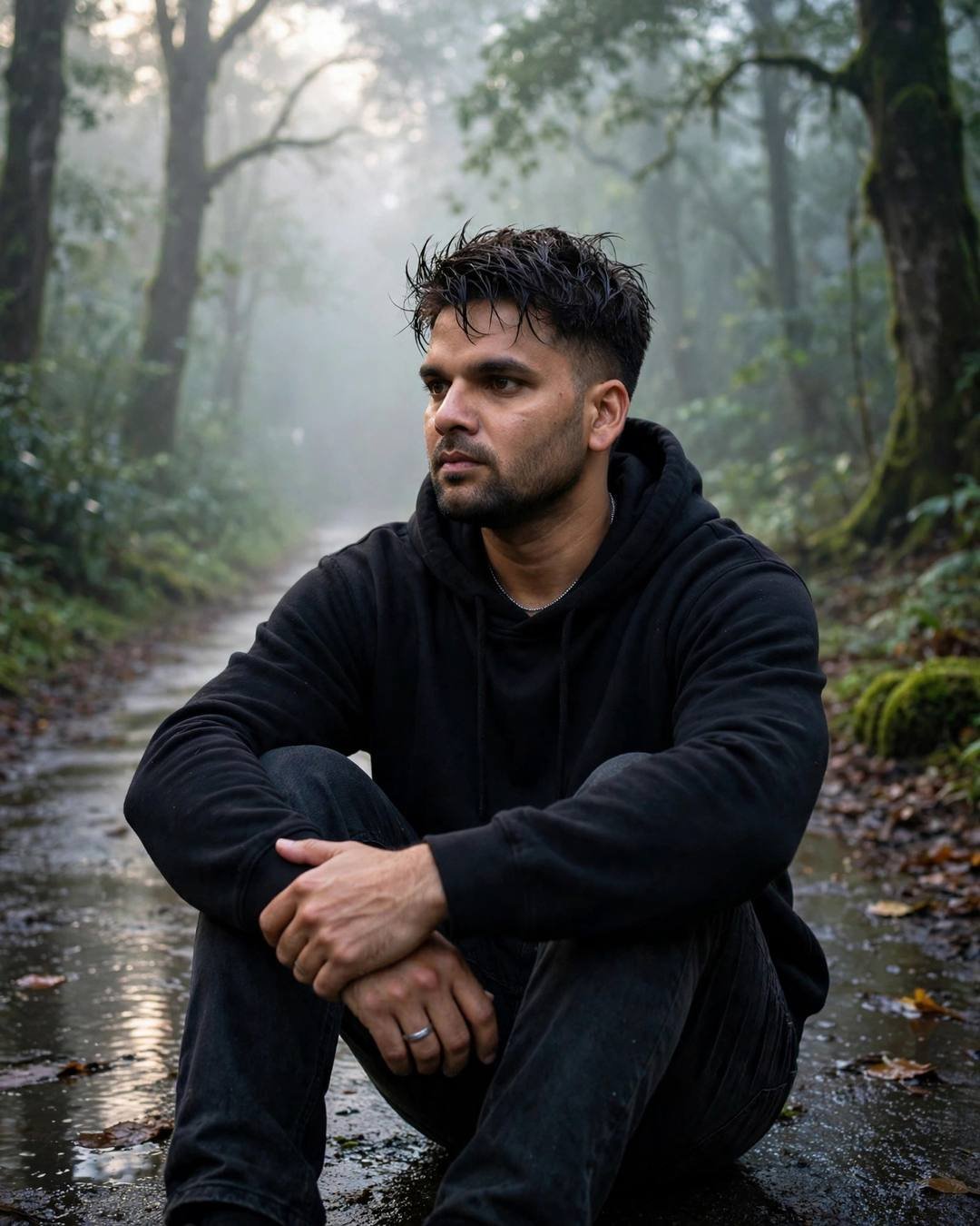 In a black hoodie on a misty dawn forest path, knees drawn up, he sits with the echo of seeing her smile in a stranger's face.