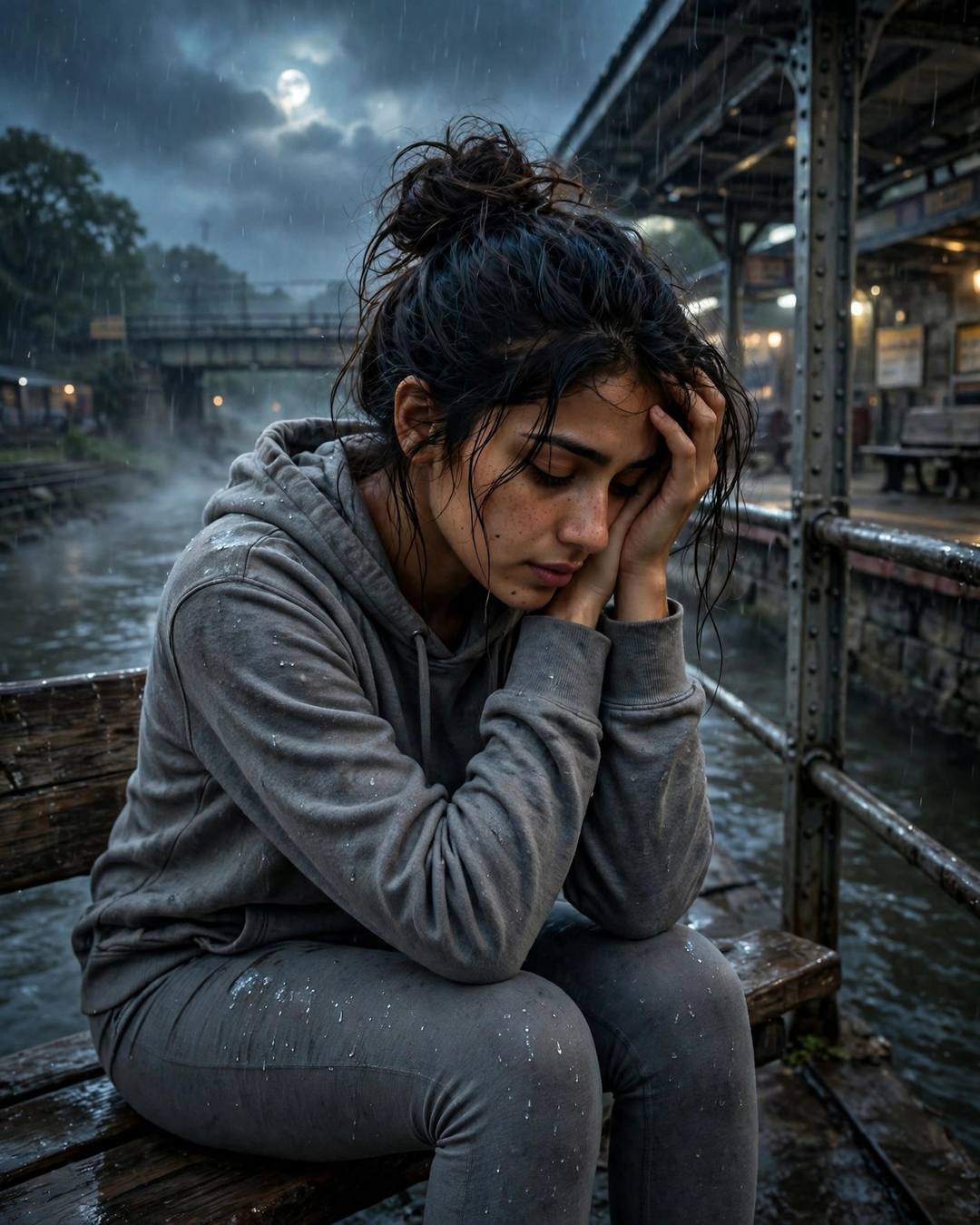 In a grey hoodie on a station bench under moonlight, head in hands, she keeps hope burning like a candle till midnight.