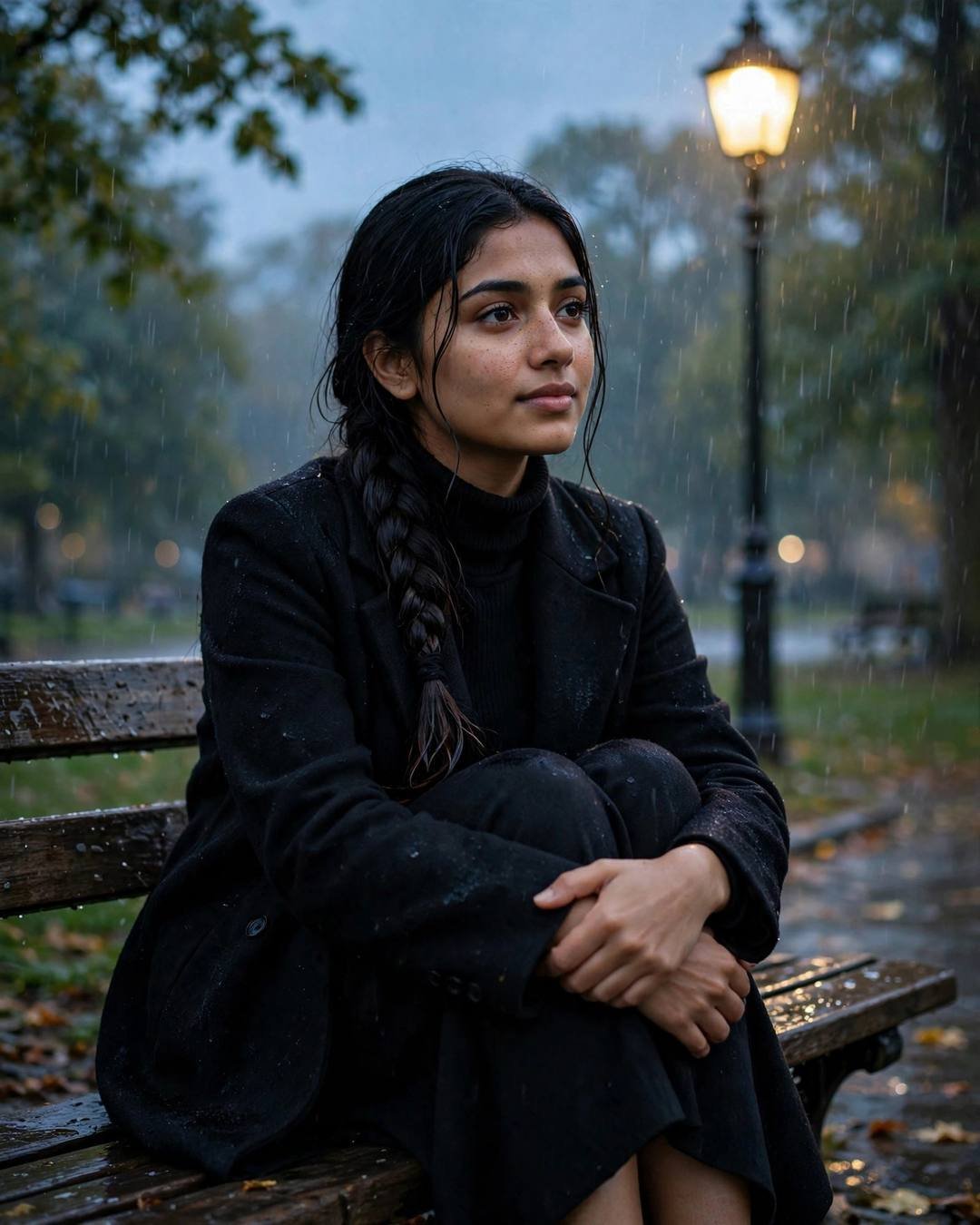 In a black coat on a park bench under a lone lamp, knees drawn up, she waits after reheating dinner for the second time.