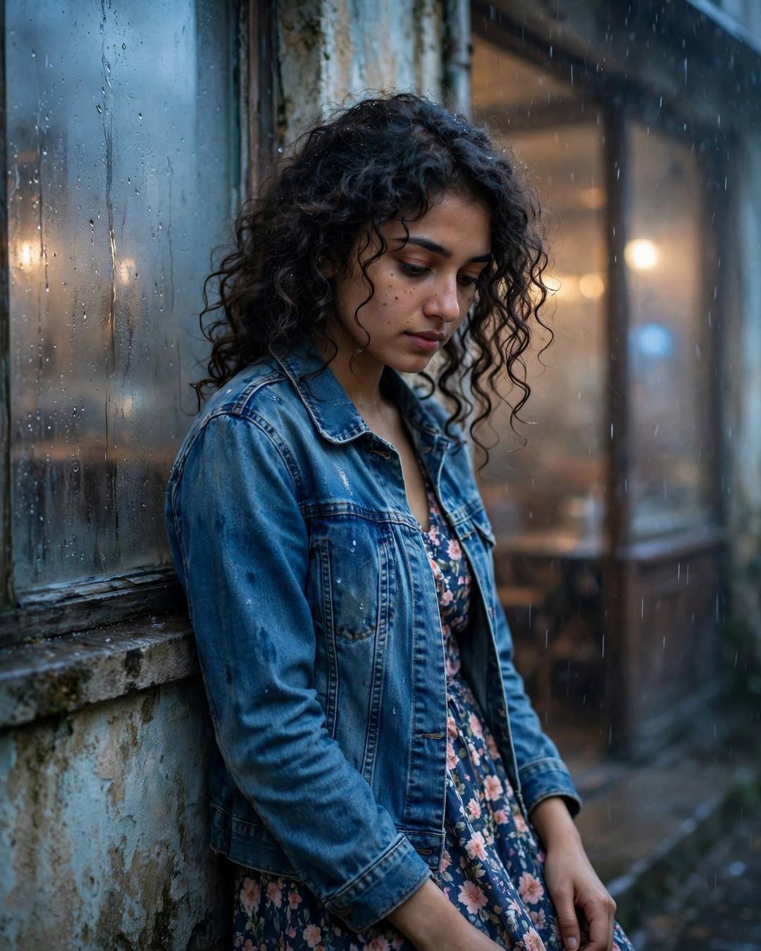 In a denim jacket over a floral dress, leaning on a weathered cafe wall in light rain, she saves a window seat through three refills.