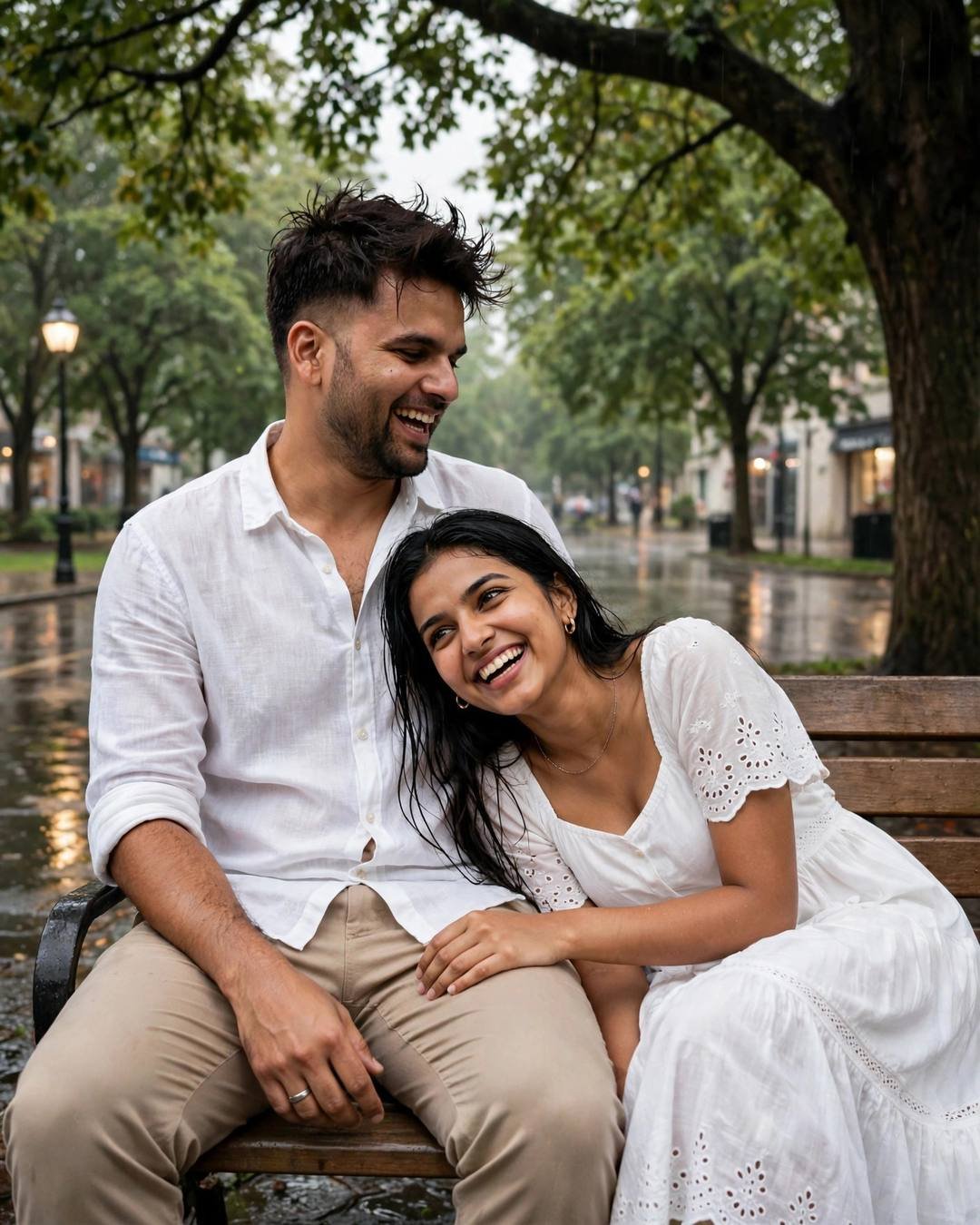 Couple laughing together on a park bench under a tree, man in white linen shirt and woman in flowing white dress