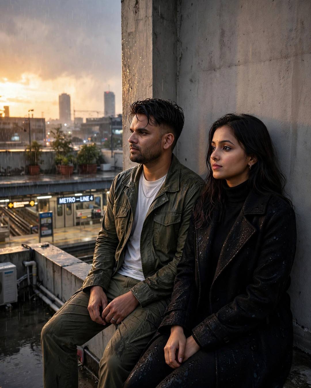 Couple seated side by side on a rooftop ledge above a metro station in golden rain, man in olive jacket and woman in black coat