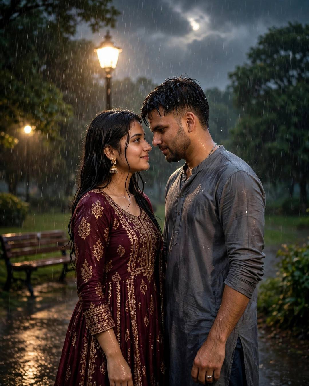 Couple standing face to face with foreheads almost touching in monsoon rain, man in grey kurta and woman in maroon anarkali
