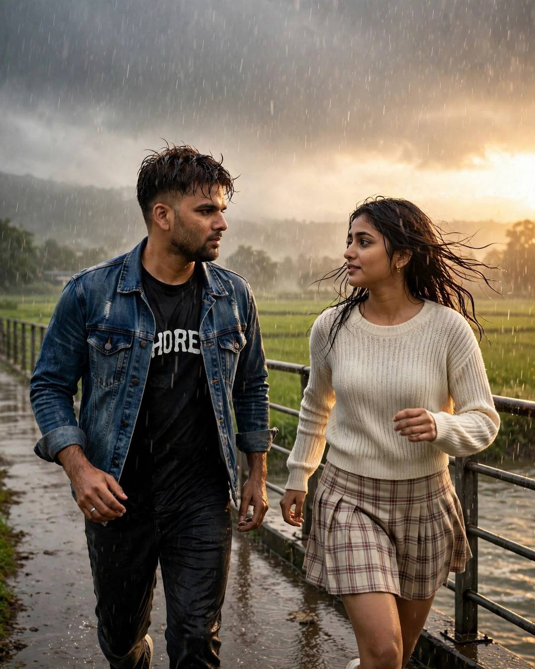 A couple walking toward each other on a bridge over a river in monsoon rain, looking at each other in golden light