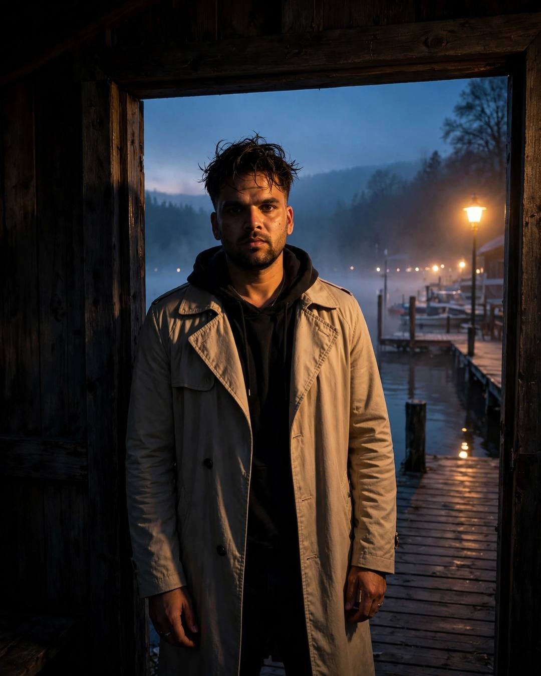 Young Indian man in a beige trench coat standing in a doorway at a misty lake pier at dawn under warm streetlamp light