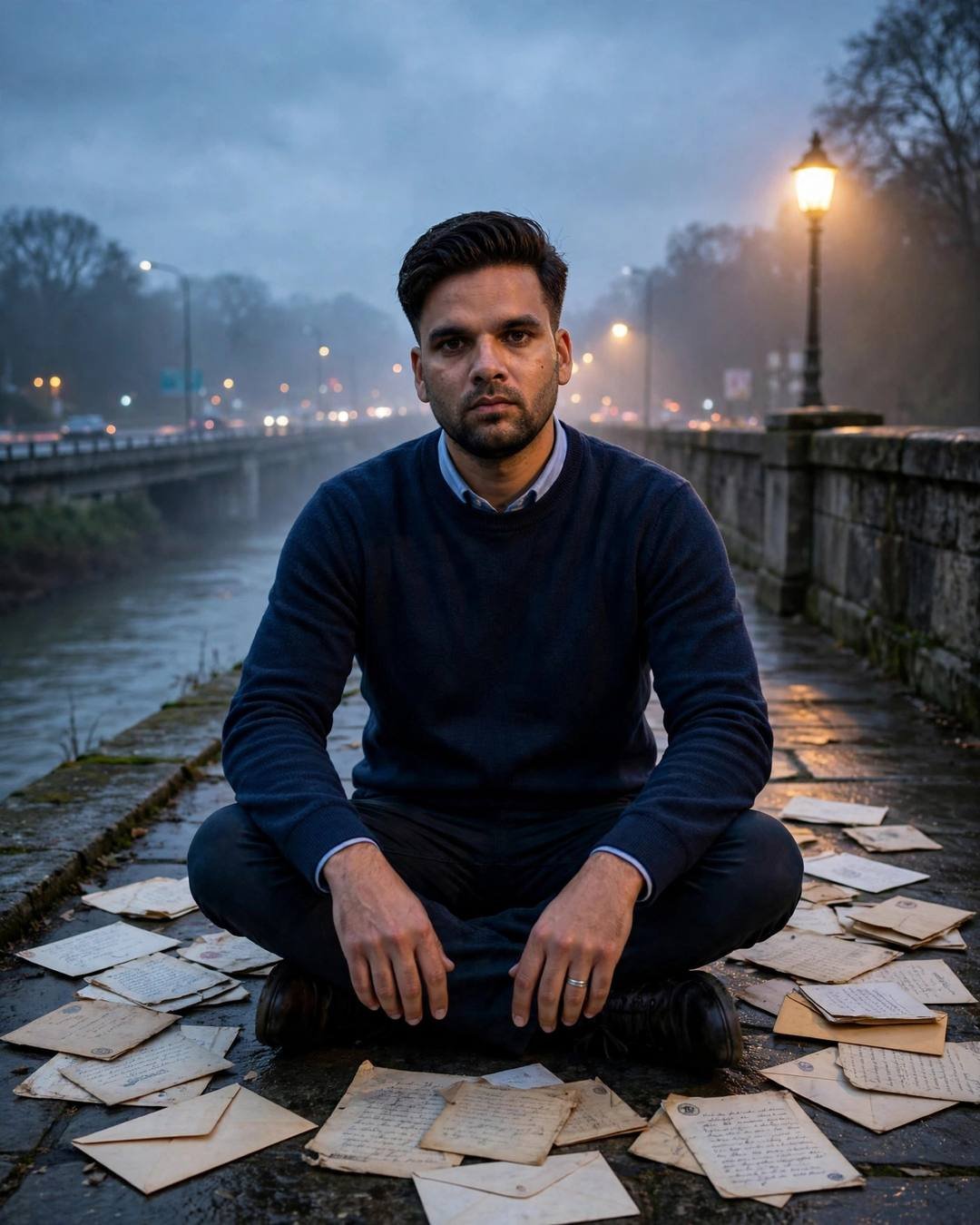 Young man in a navy sweater sitting cross-legged on a bridge surrounded by old letters at blue hour