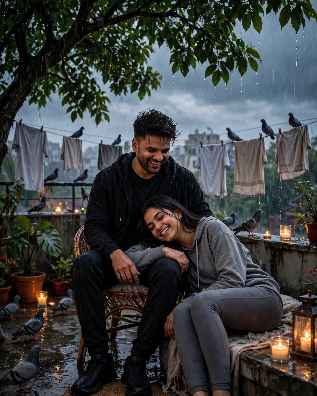 Man in all-black streetwear and woman in grey hoodie laughing on a terrace with clothes lines and pigeons in rain