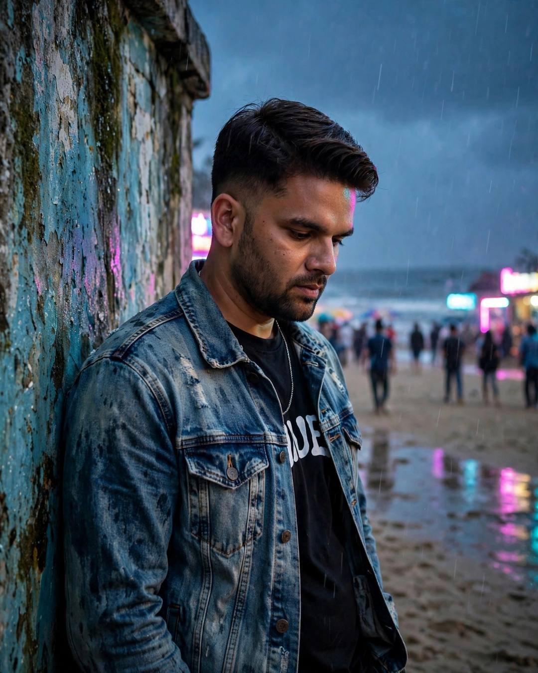 Young man in distressed denim jacket leaning against a weathered wall at a rainy beach at dusk