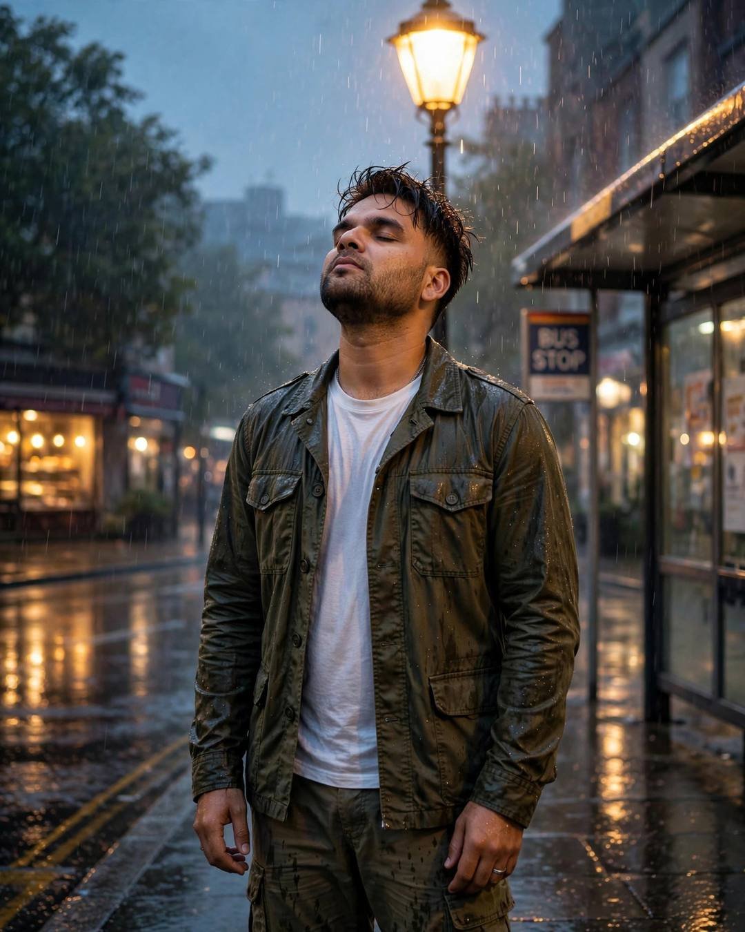 Young Indian man in an olive field jacket standing under a streetlamp in the rain at a bus stop, face lifted to the sky